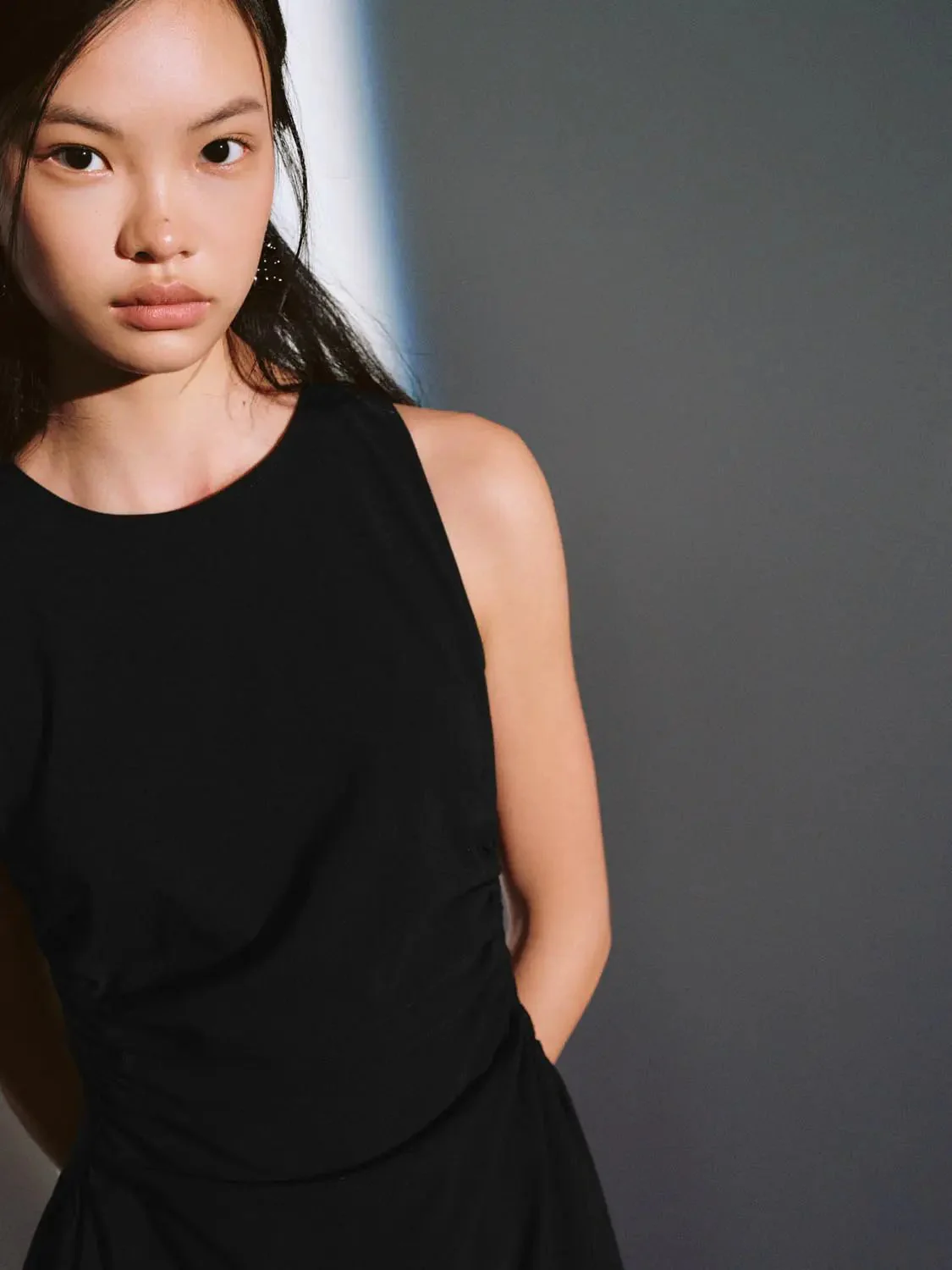 Viscose Blend Ruched Waist Sleeveless A Line Dresses