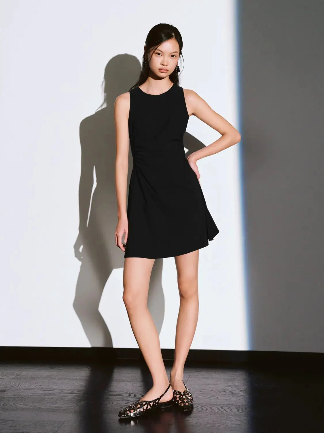 Viscose Blend Ruched Waist Sleeveless A Line Dresses