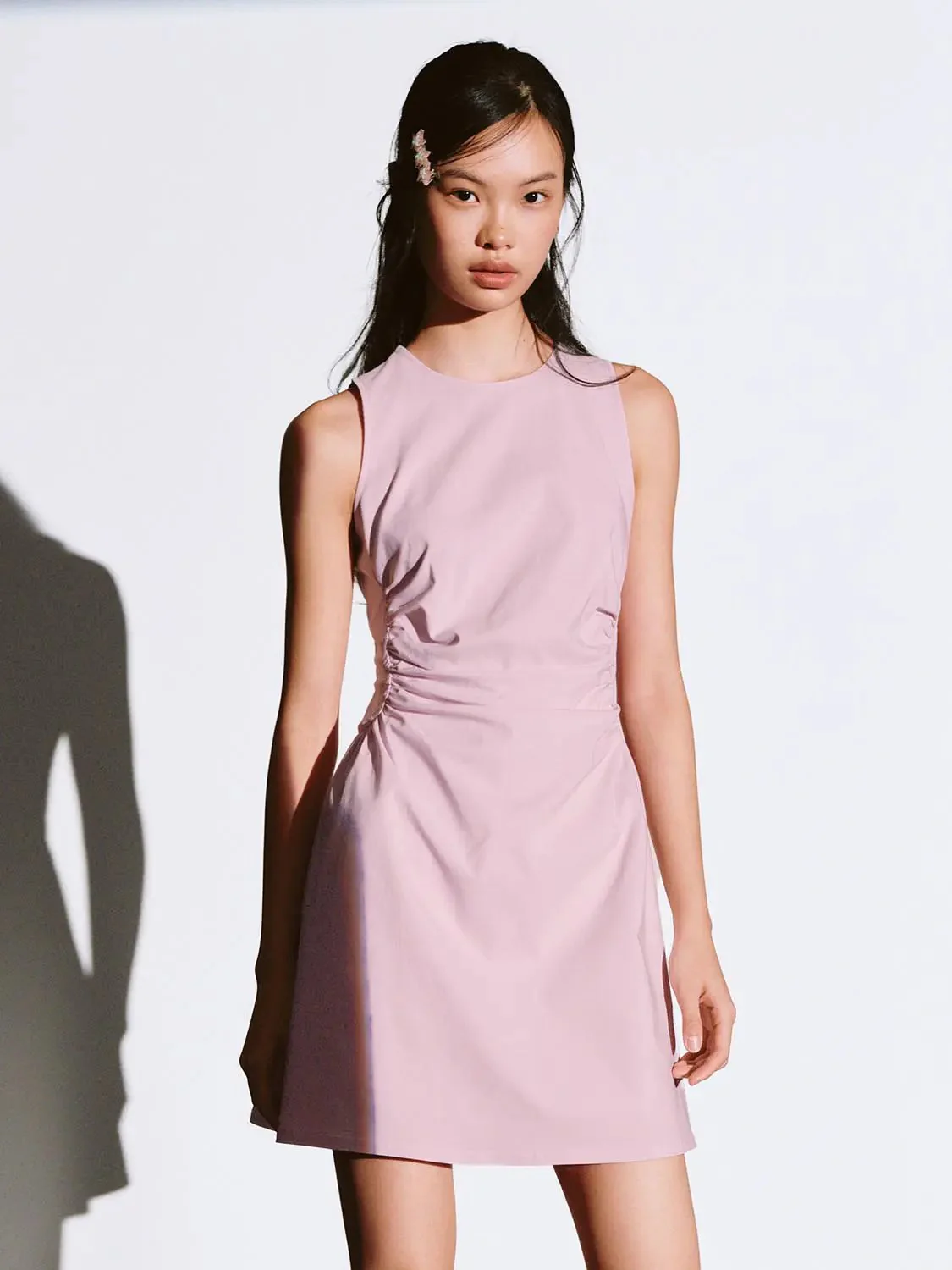 Viscose Blend Ruched Waist Sleeveless A Line Dresses