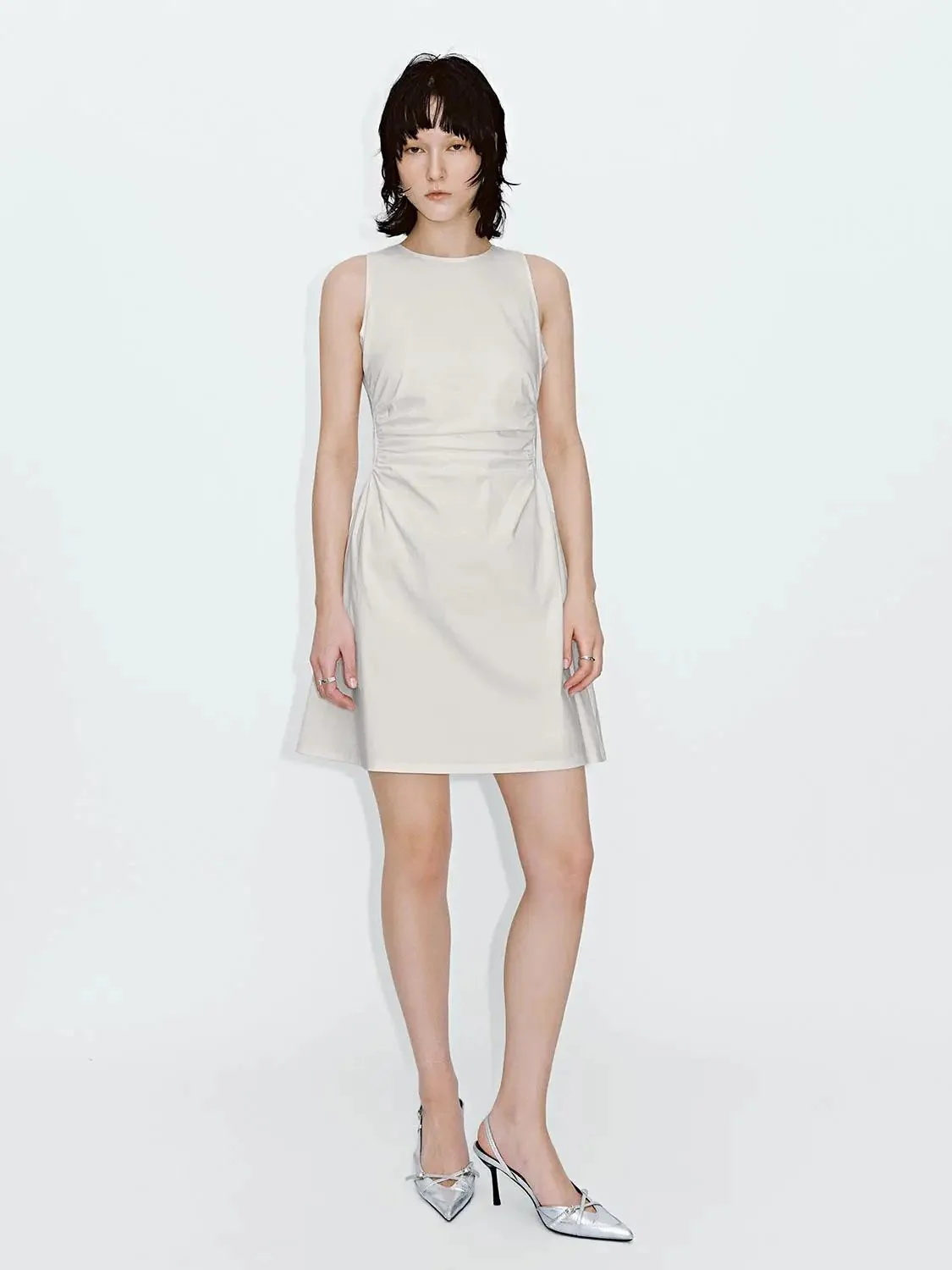 Viscose Blend Ruched Waist Sleeveless A Line Dresses