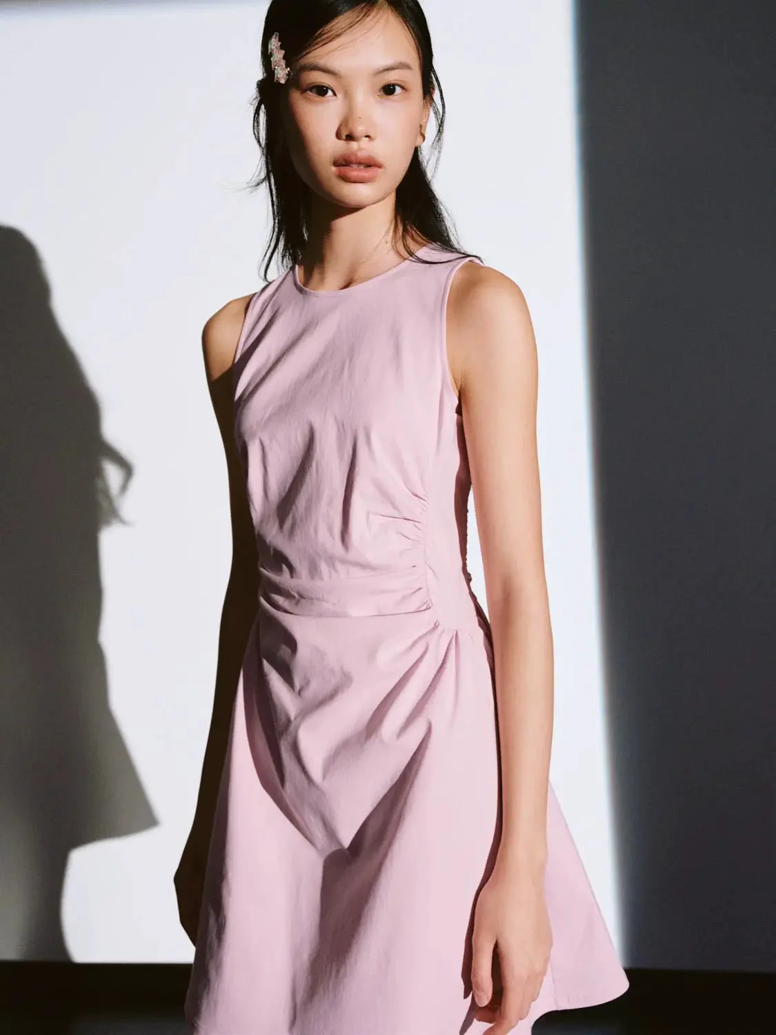 Viscose Blend Ruched Waist Sleeveless A Line Dresses