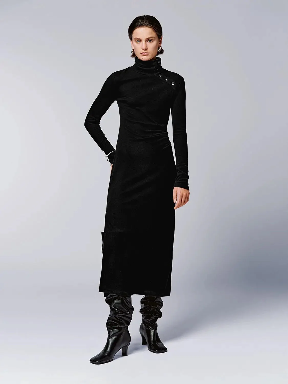 Turtleneck Draped Button Shoulder Midi Dresses