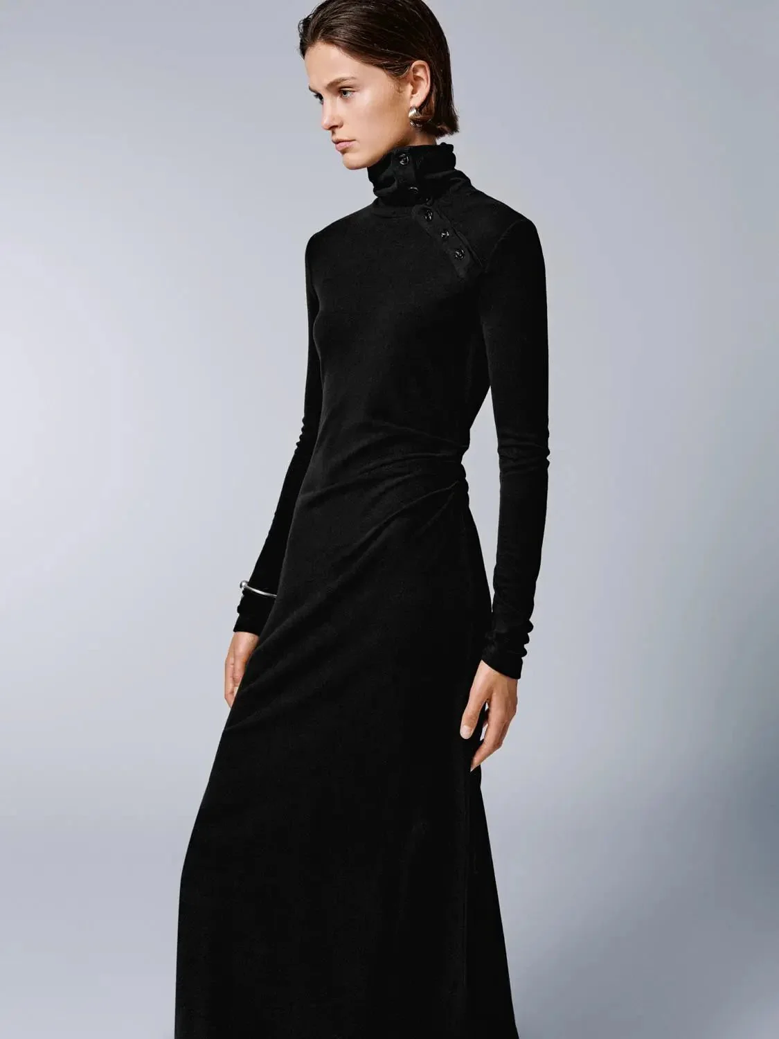 Turtleneck Draped Button Shoulder Midi Dresses