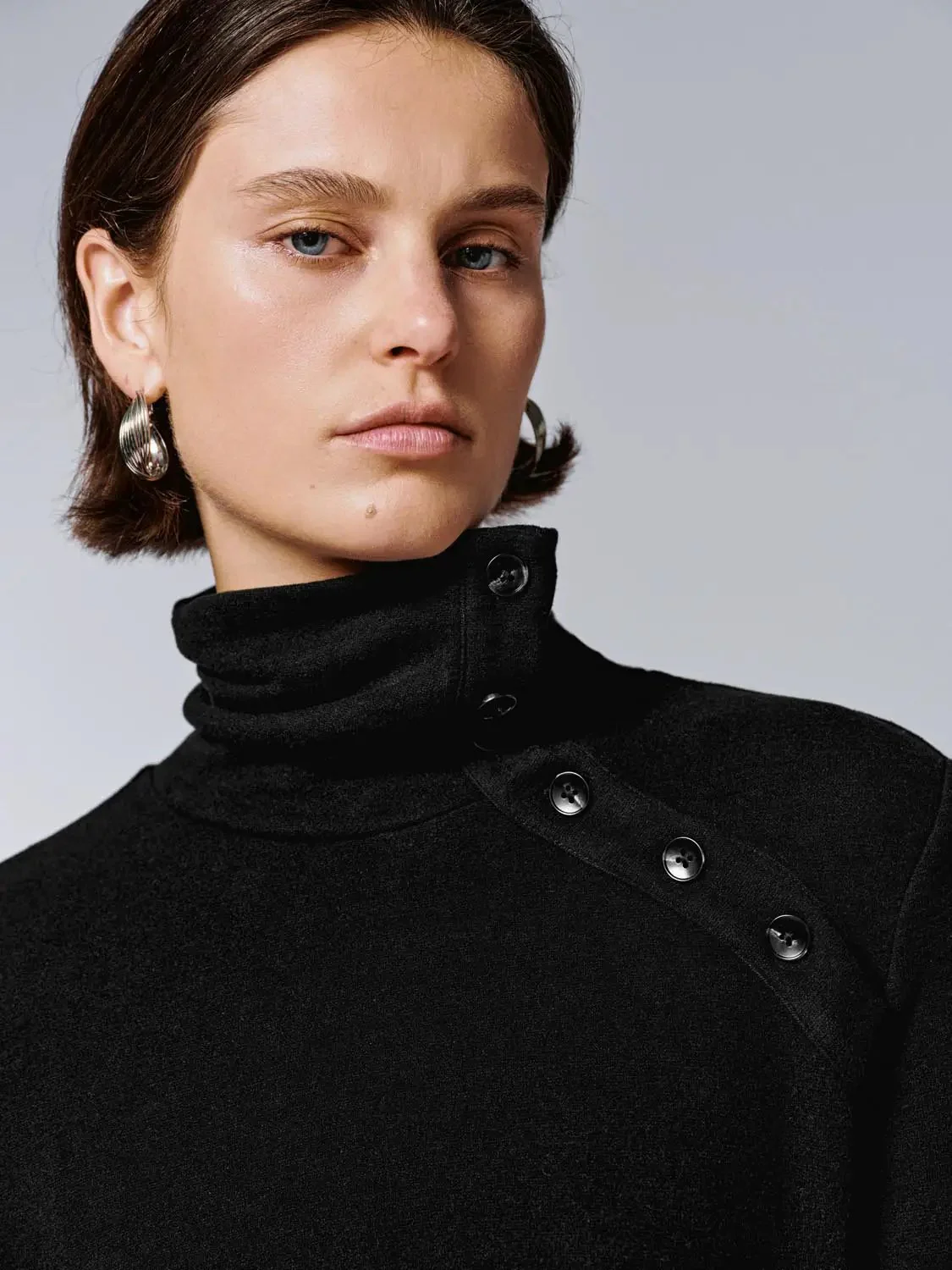 Turtleneck Draped Button Shoulder Midi Dresses