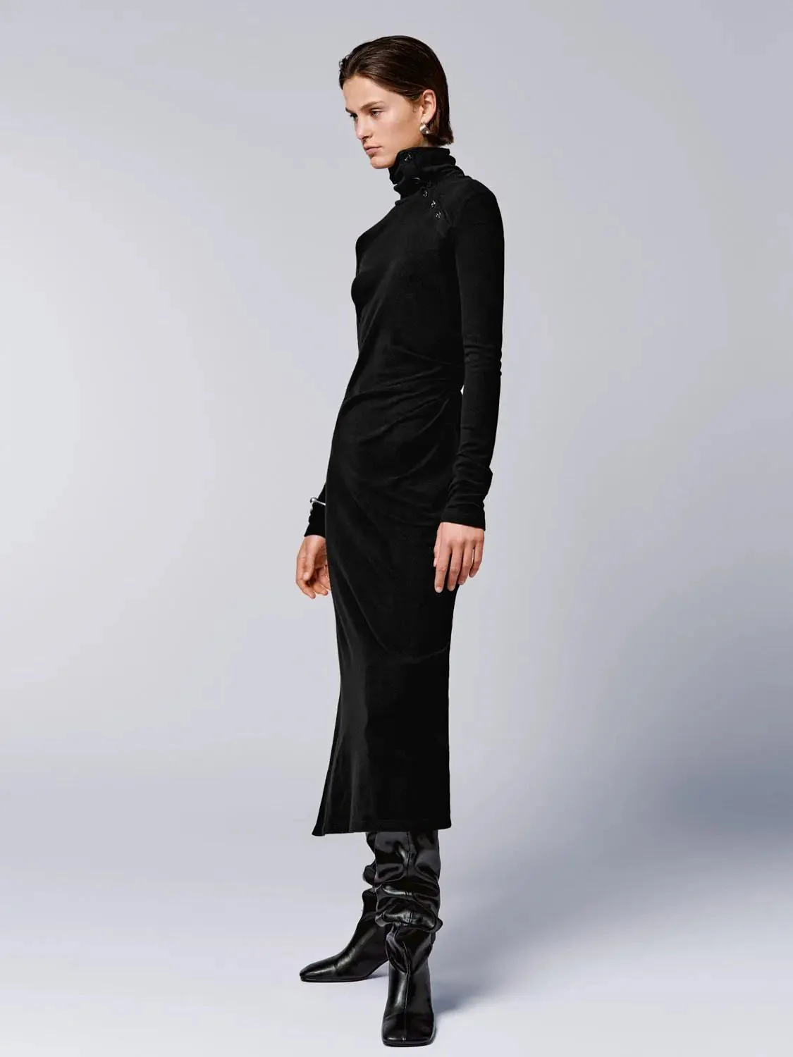 Turtleneck Draped Button Shoulder Midi Dresses