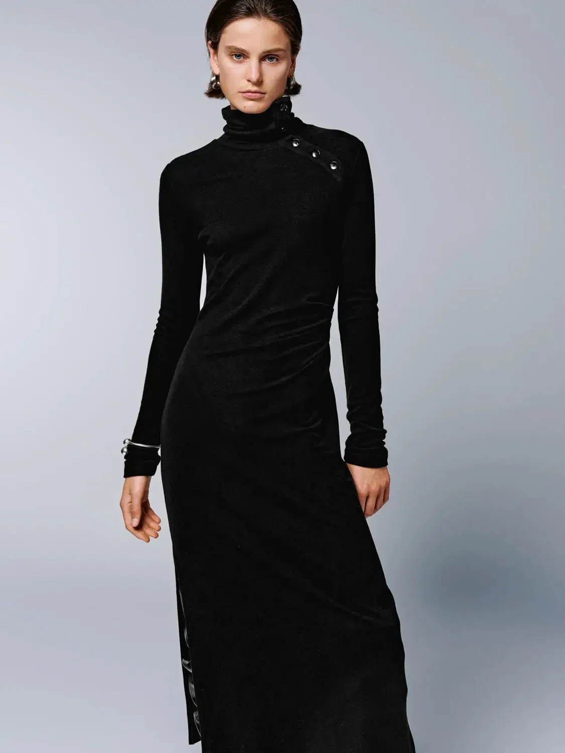 Turtleneck Draped Button Shoulder Midi Dresses