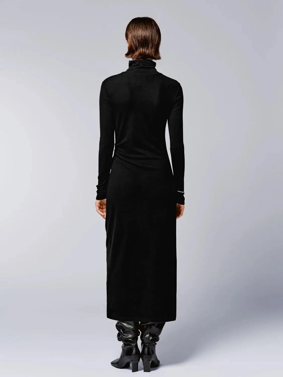 Turtleneck Draped Button Shoulder Midi Dresses