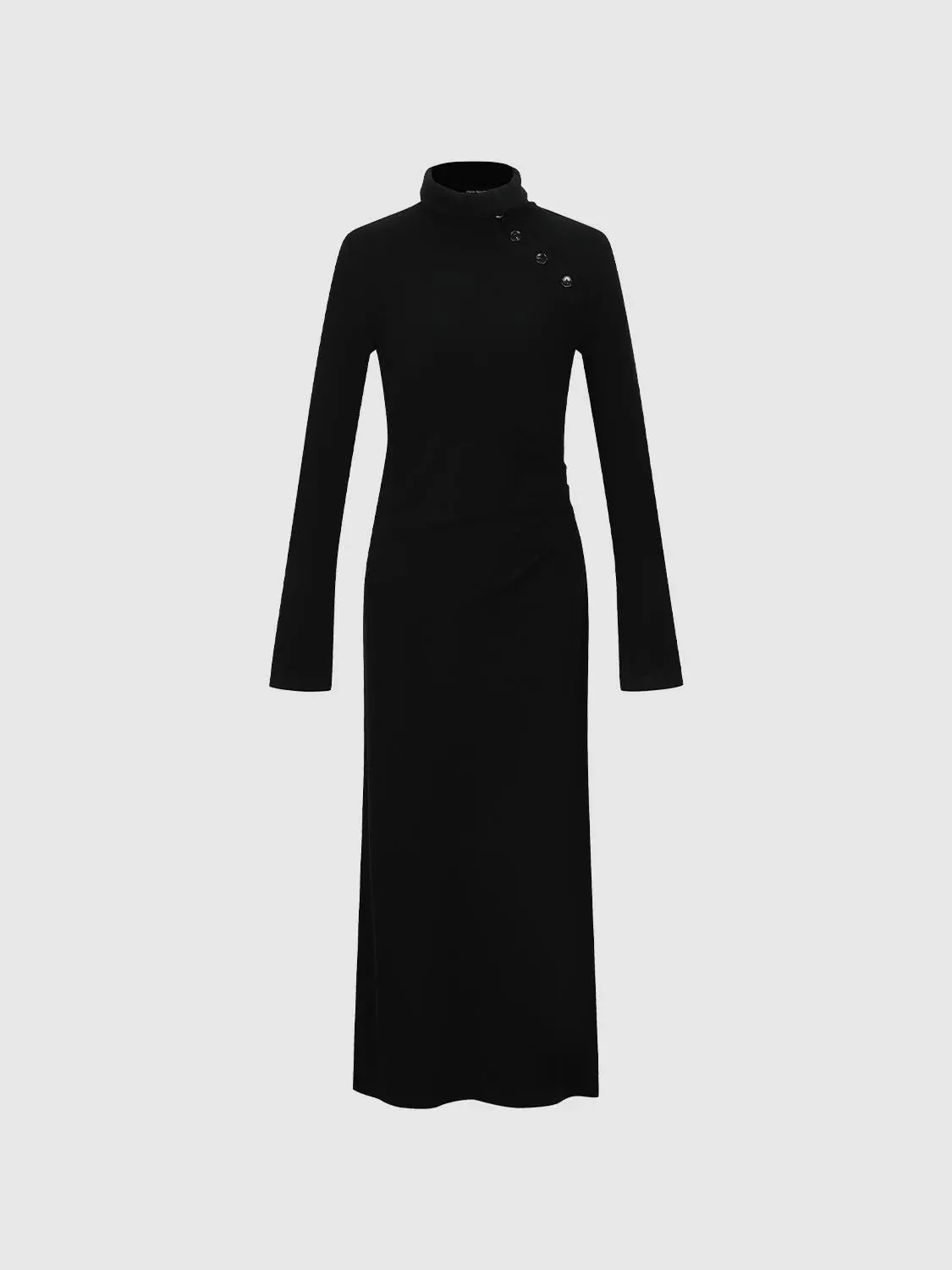 Turtleneck Draped Button Shoulder Midi Dresses