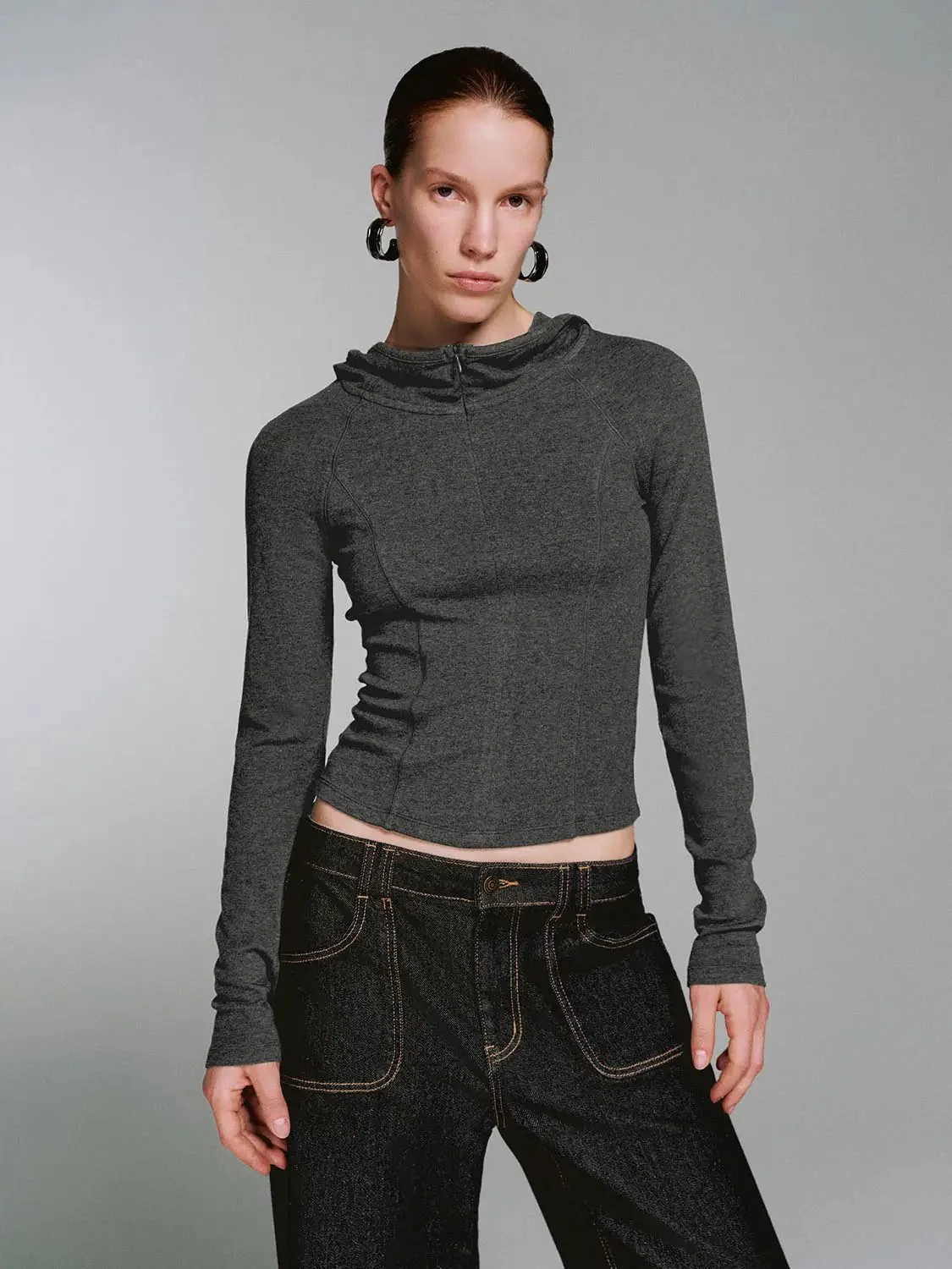 Viscose Cotton Wool Blend Hooded Cropped Half Zip T-Shirts