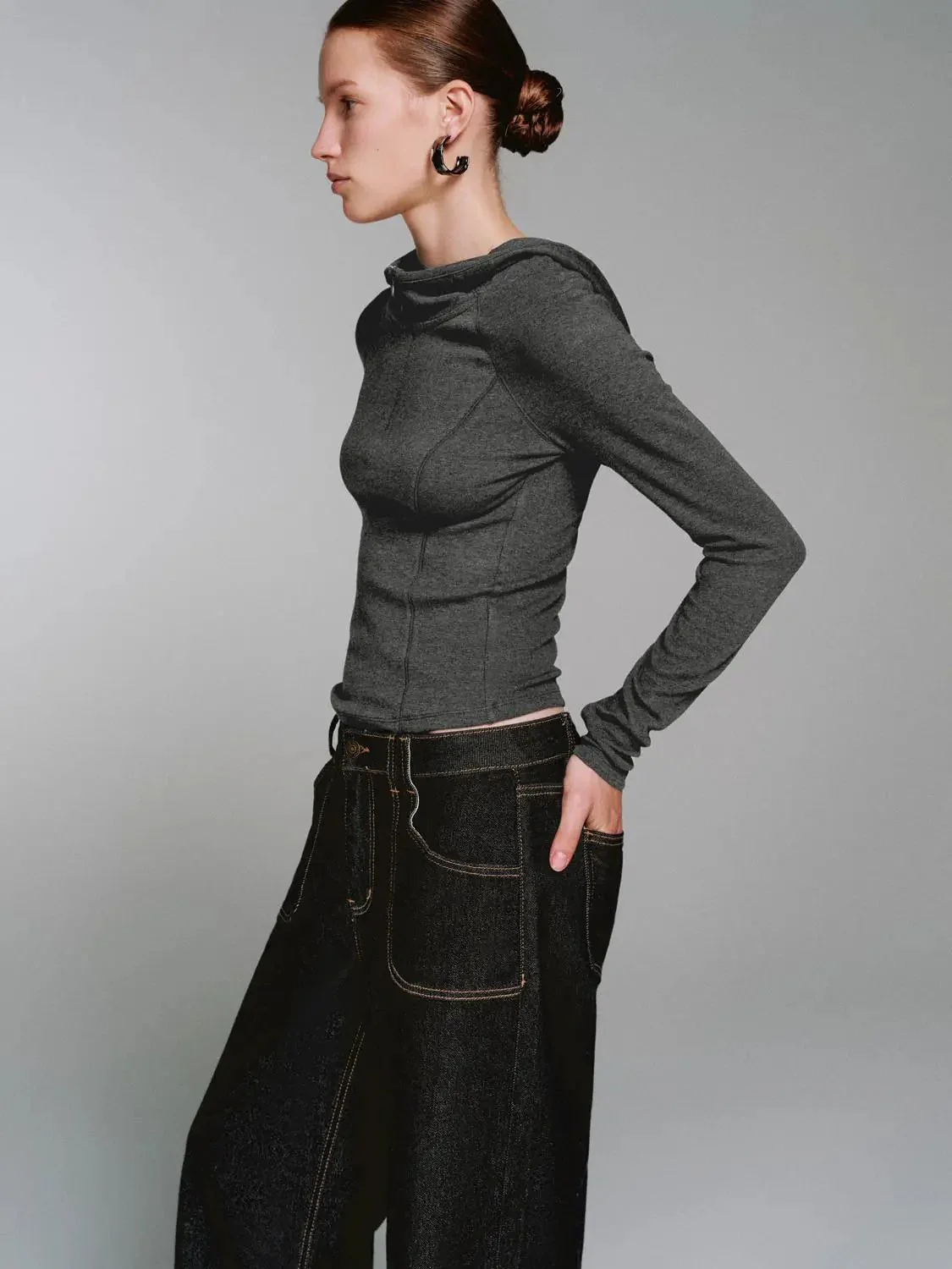Viscose Cotton Wool Blend Hooded Cropped Half Zip T-Shirts