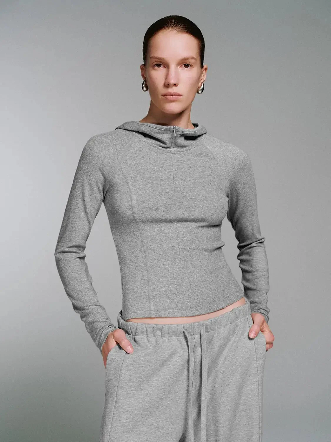 Viscose Cotton Wool Blend Hooded Cropped Half Zip T-Shirts