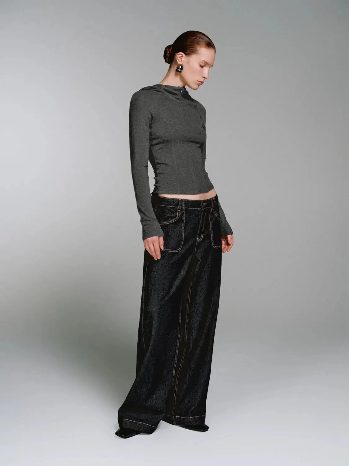 Viscose Cotton Wool Blend Hooded Cropped Half Zip T-Shirts