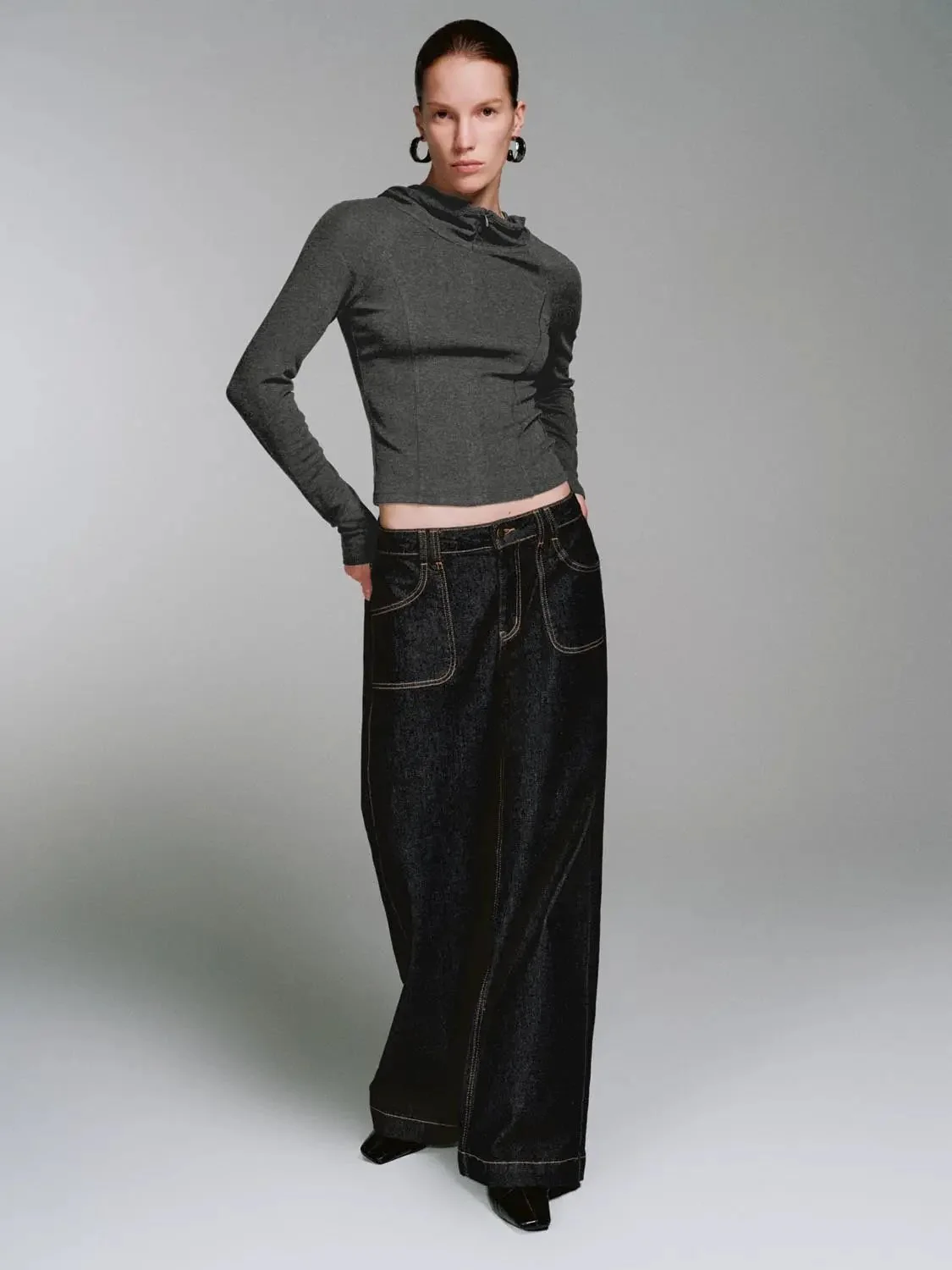 Viscose Cotton Wool Blend Hooded Cropped Half Zip T-Shirts