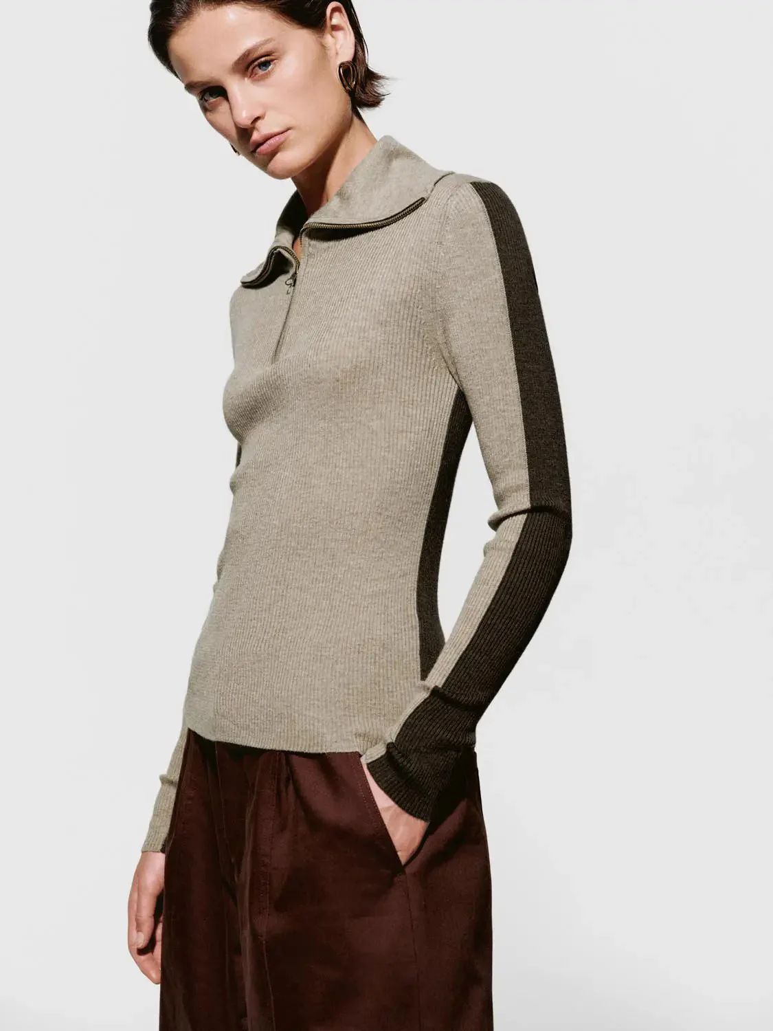 Contrast Polo Neck Long Sleeve Knitted T-Shirts