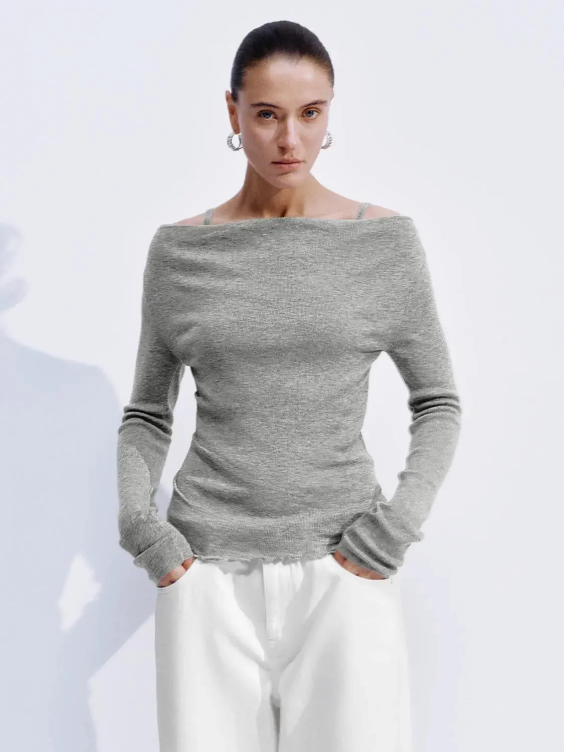 23725-off-shoulder-ruched-long-sleeve-knitted-t-shirts-9.webp Off Shoulder Ruched Long Sleeve Knitted T-Shirts