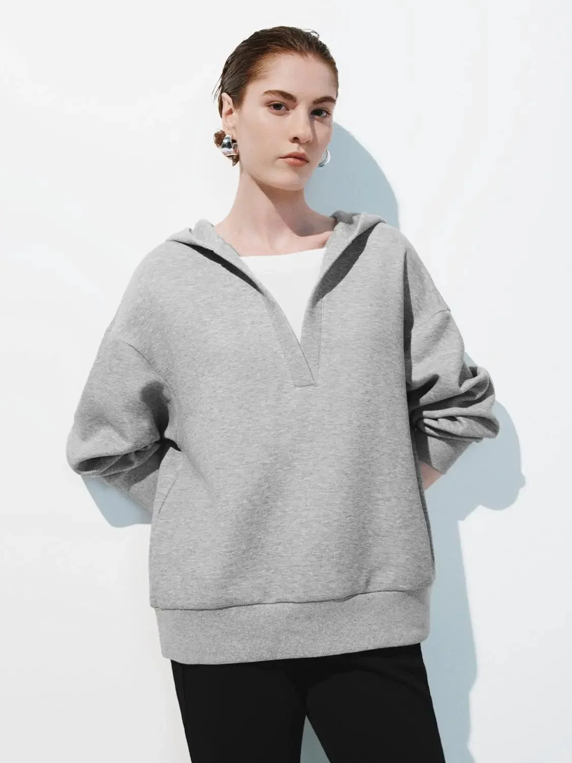 Cozy Cotton Blend Hooded V Neck Sweatshirt