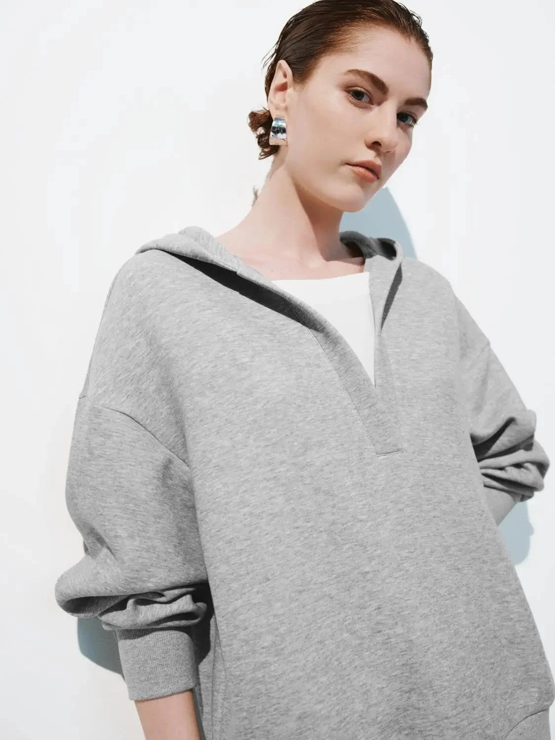 Cozy Cotton Blend Hooded V Neck Sweatshirt