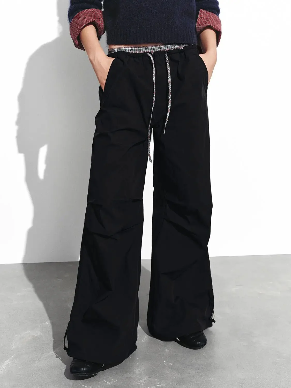 Cotton Blend Ruffle Pocket Wide Leg Cargo Pants