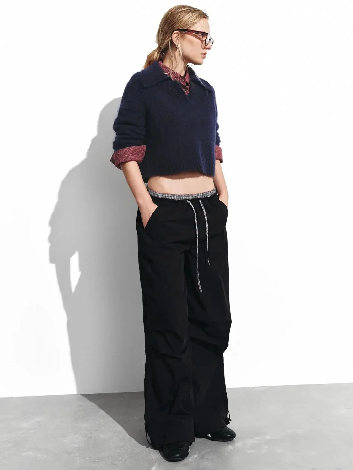 Cotton Blend Ruffle Pocket Wide Leg Cargo Pants