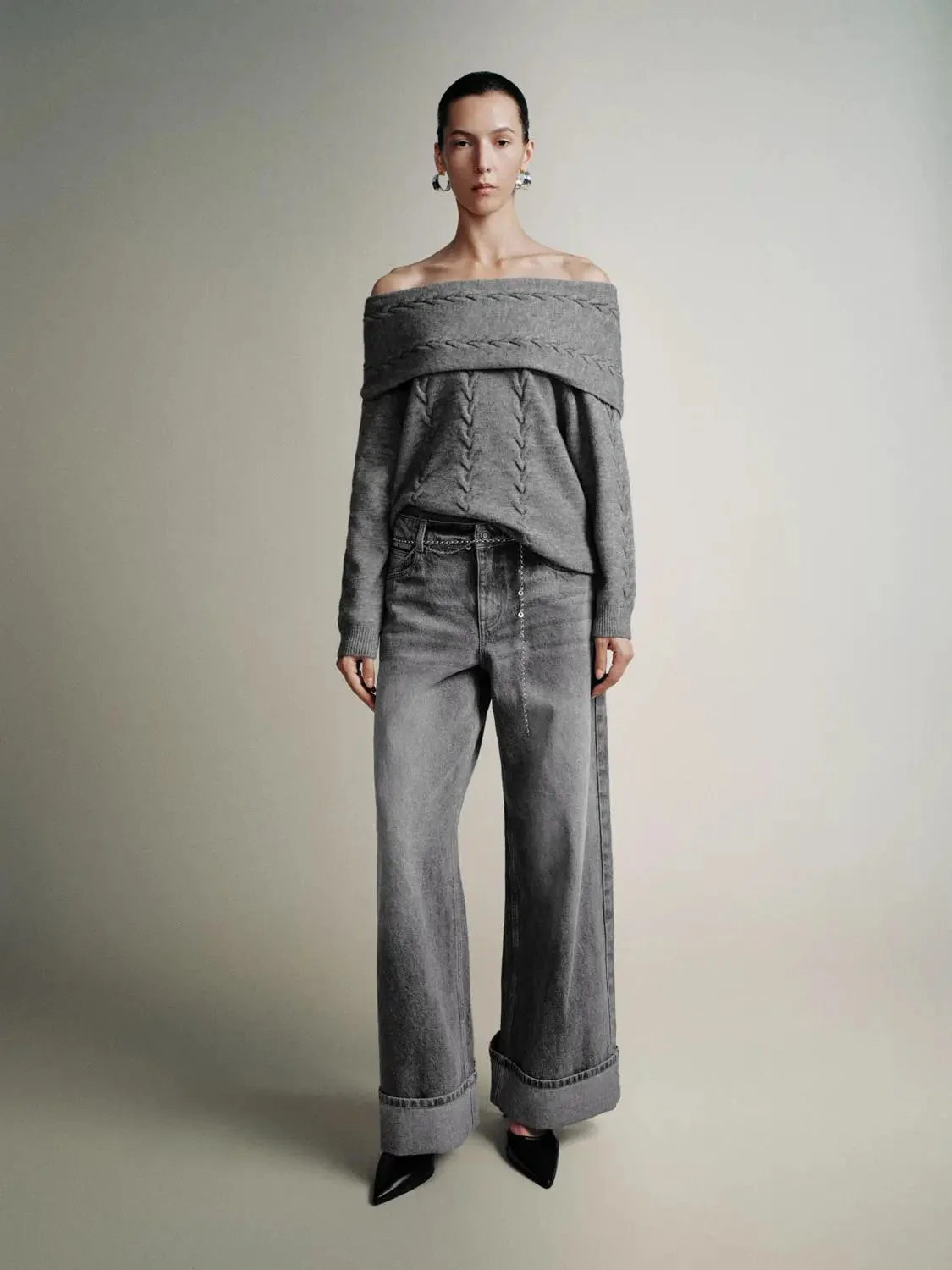 Off Shoulder Cable Knit T-Shirts
