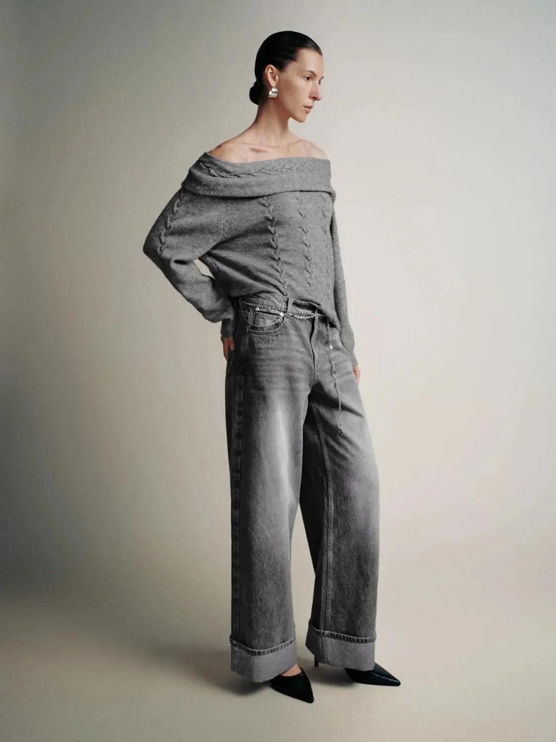 Off Shoulder Cable Knit T-Shirts