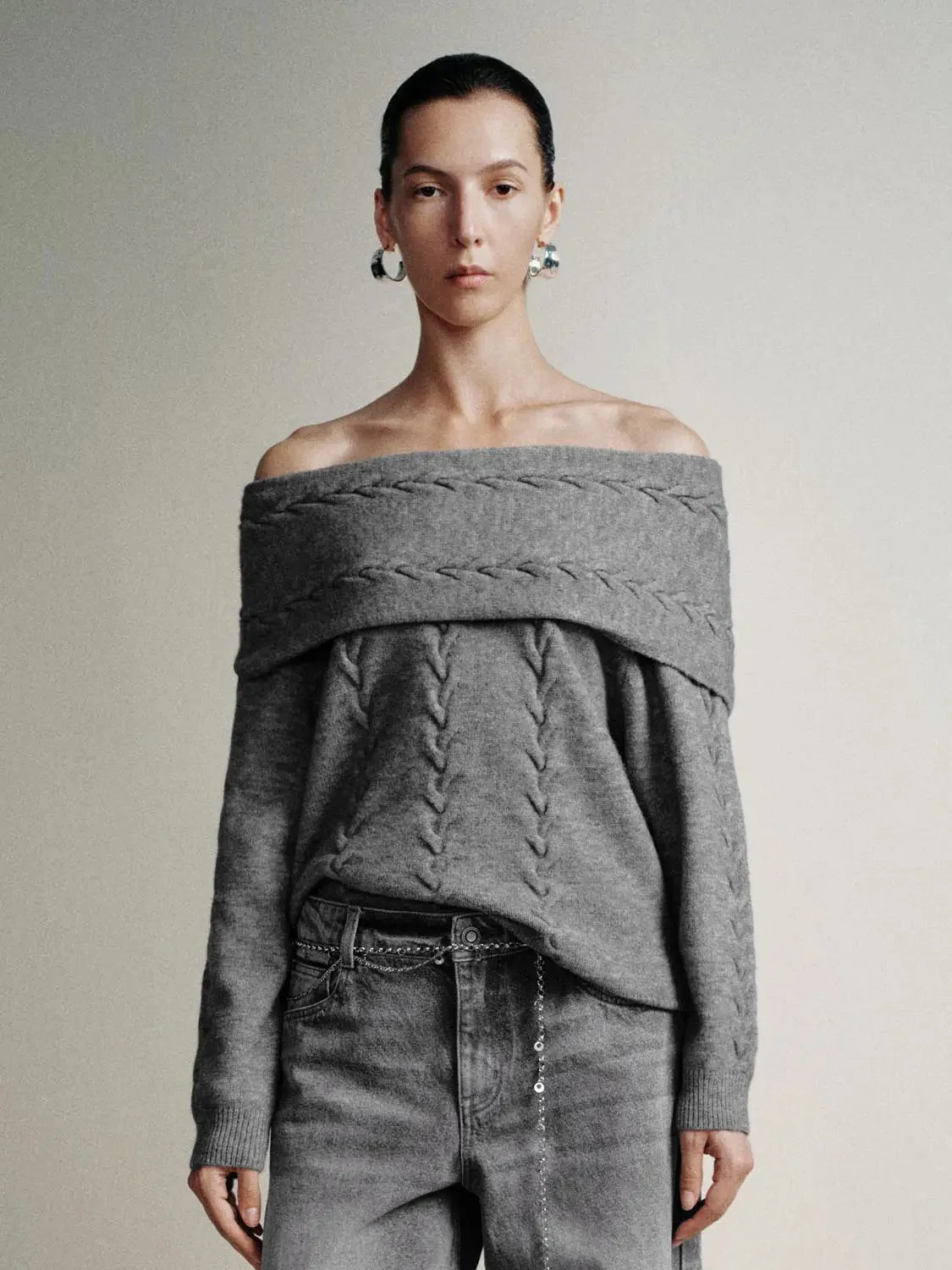 Off Shoulder Cable Knit T-Shirts