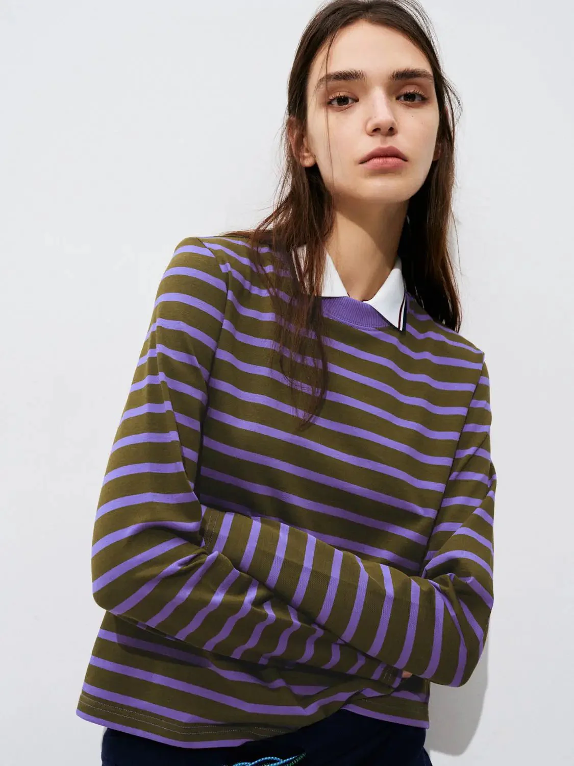 Cotton Striped Collar Long Sleeve T Shirts