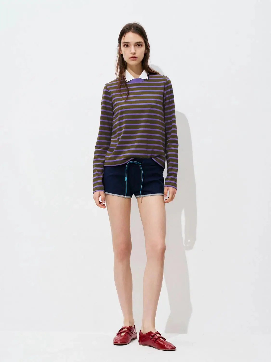 Cotton Striped Collar Long Sleeve T Shirts