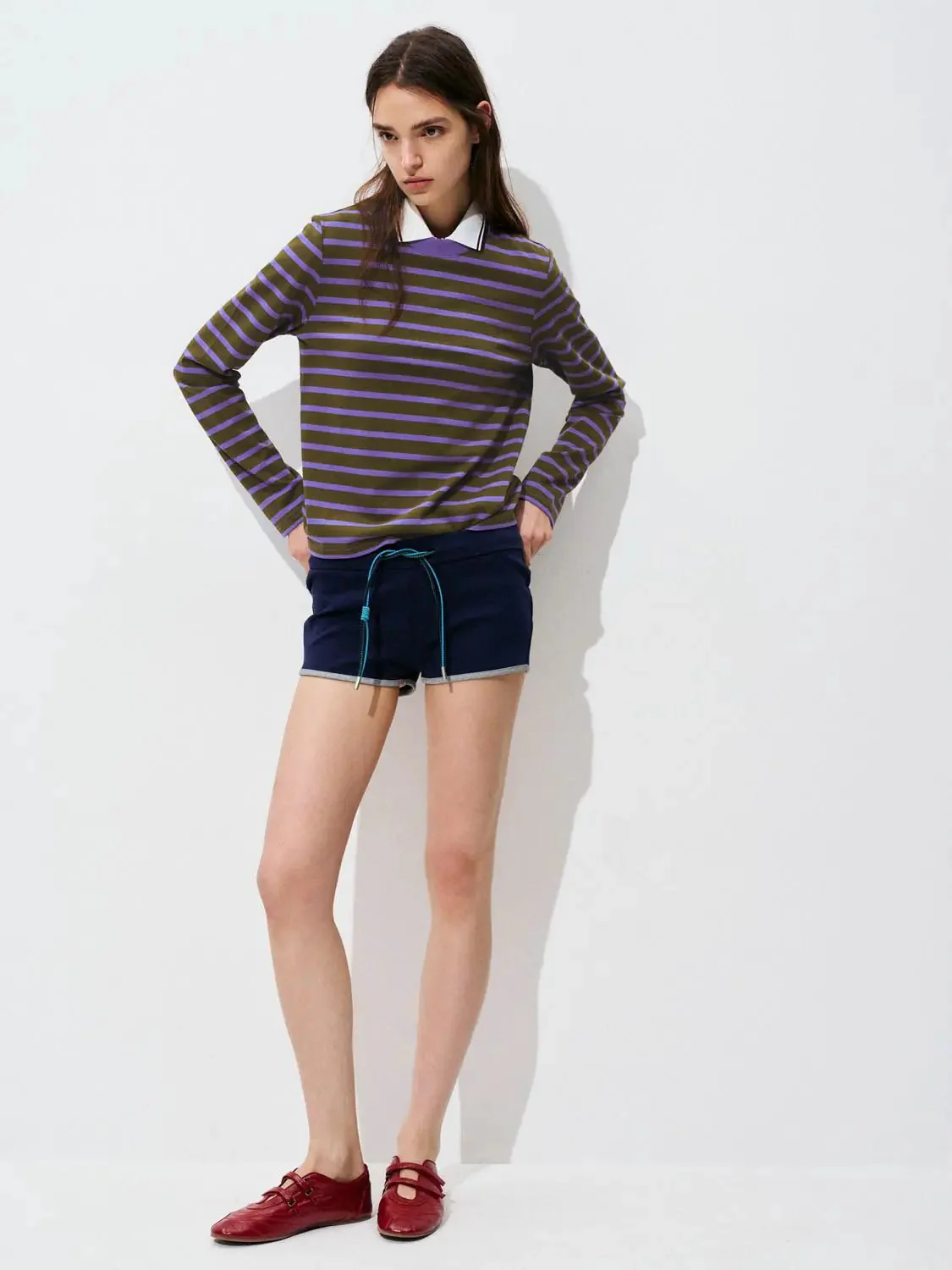 Cotton Striped Collar Long Sleeve T Shirts