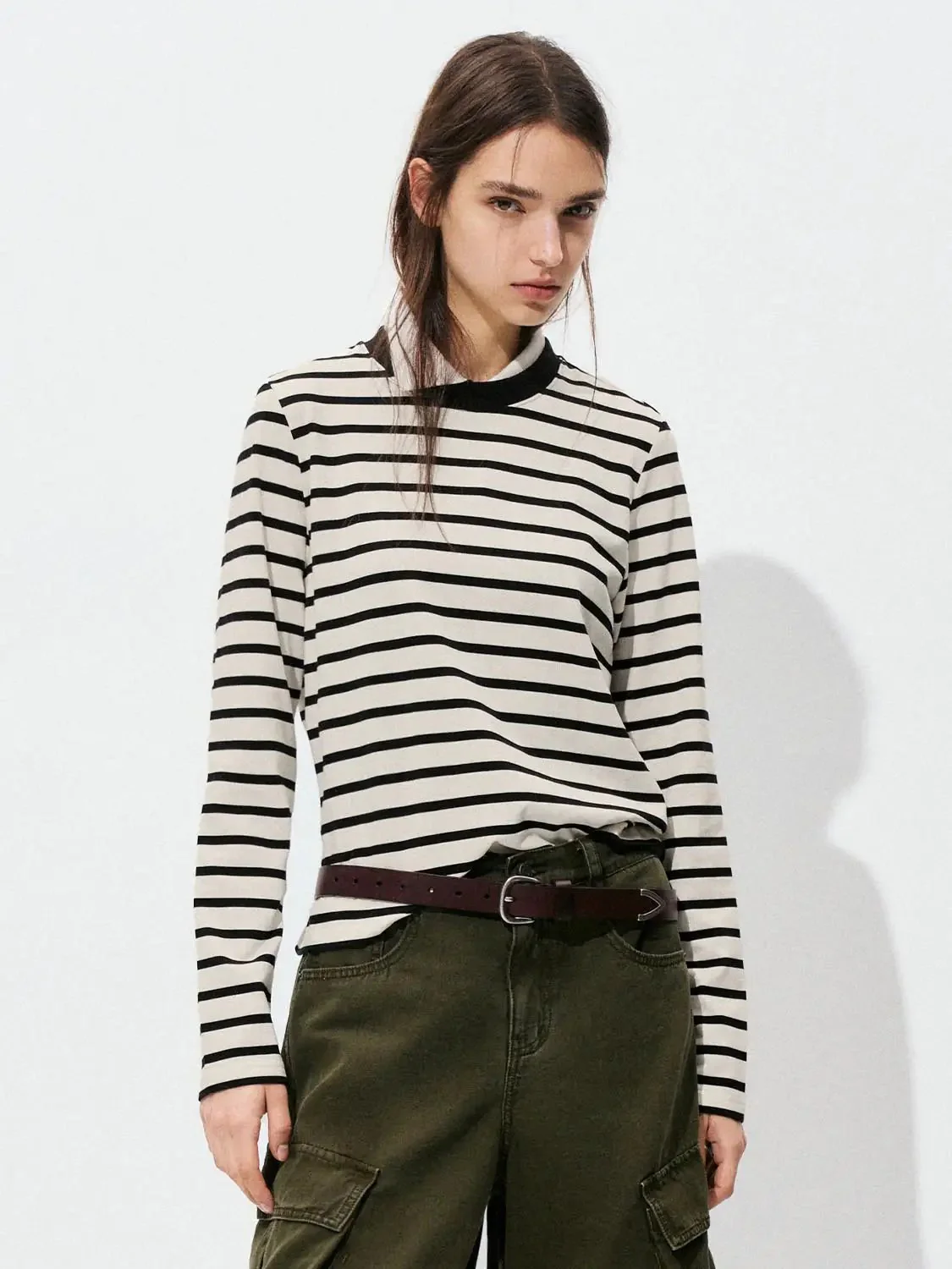 Cotton Striped Collar Long Sleeve T Shirts