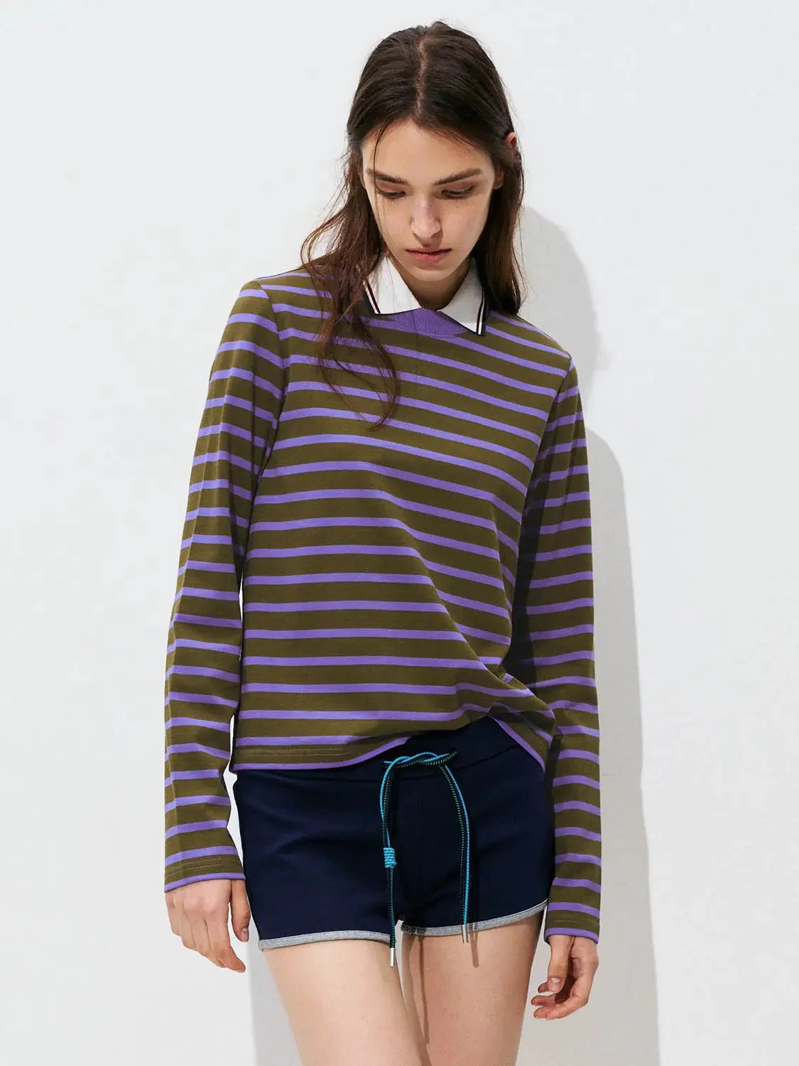 Cotton Striped Collar Long Sleeve T Shirts