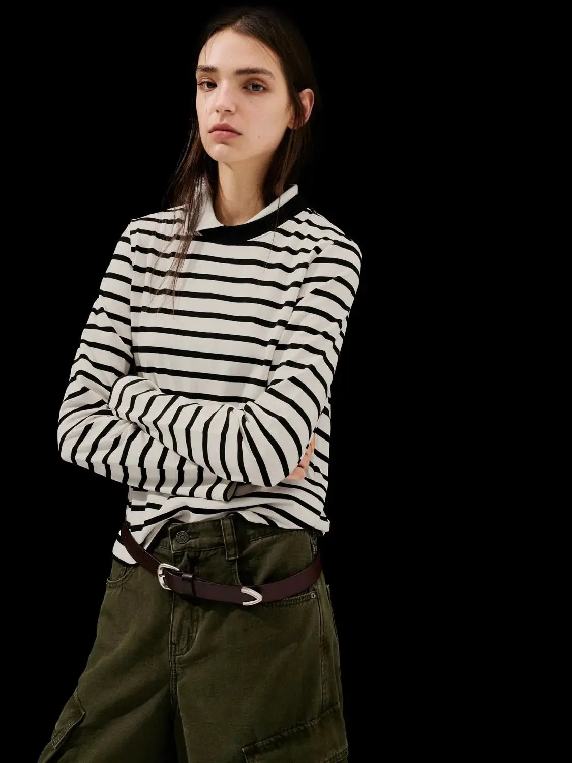Cotton Striped Collar Long Sleeve T Shirts