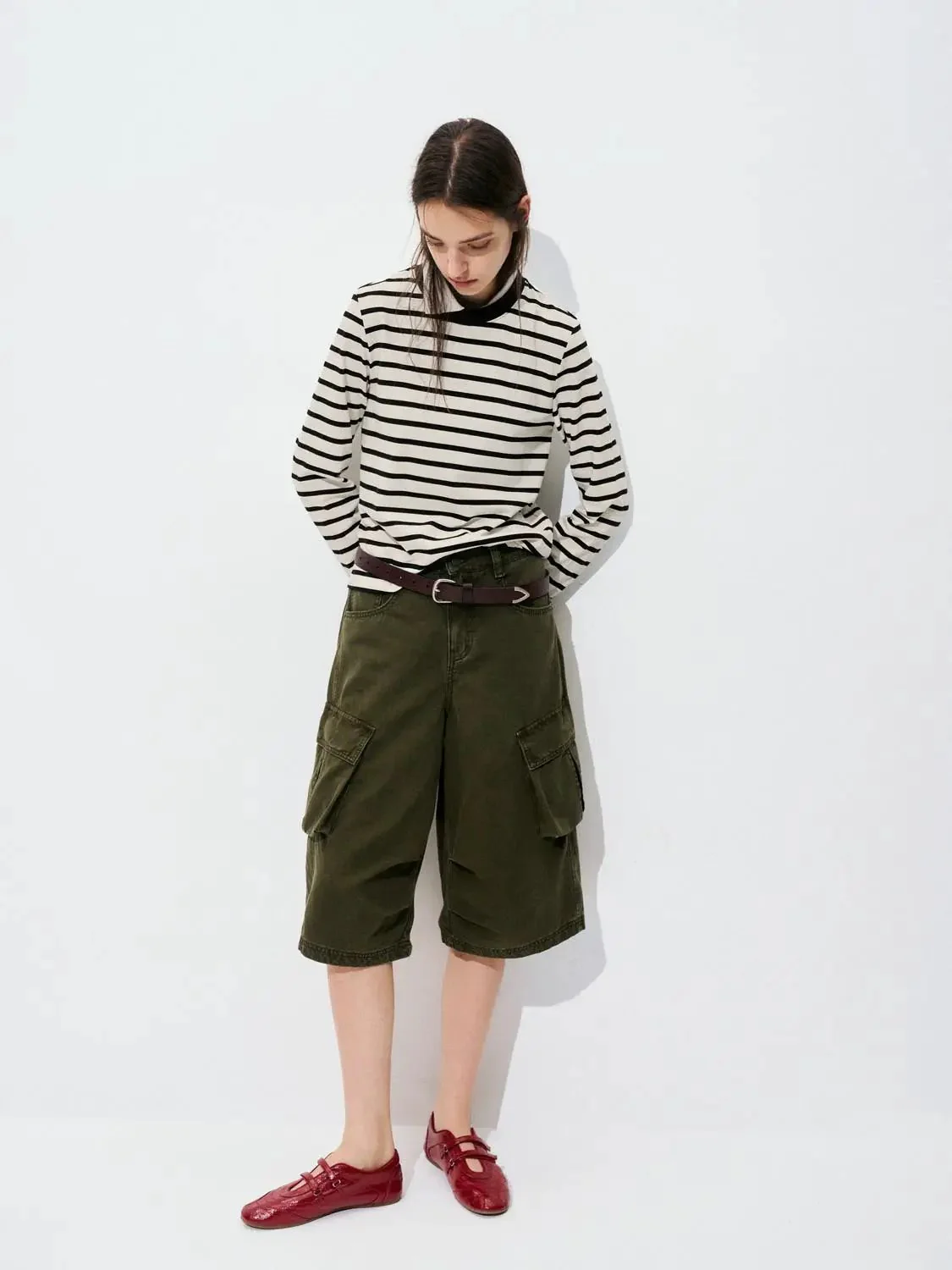 Cotton Striped Collar Long Sleeve T Shirts