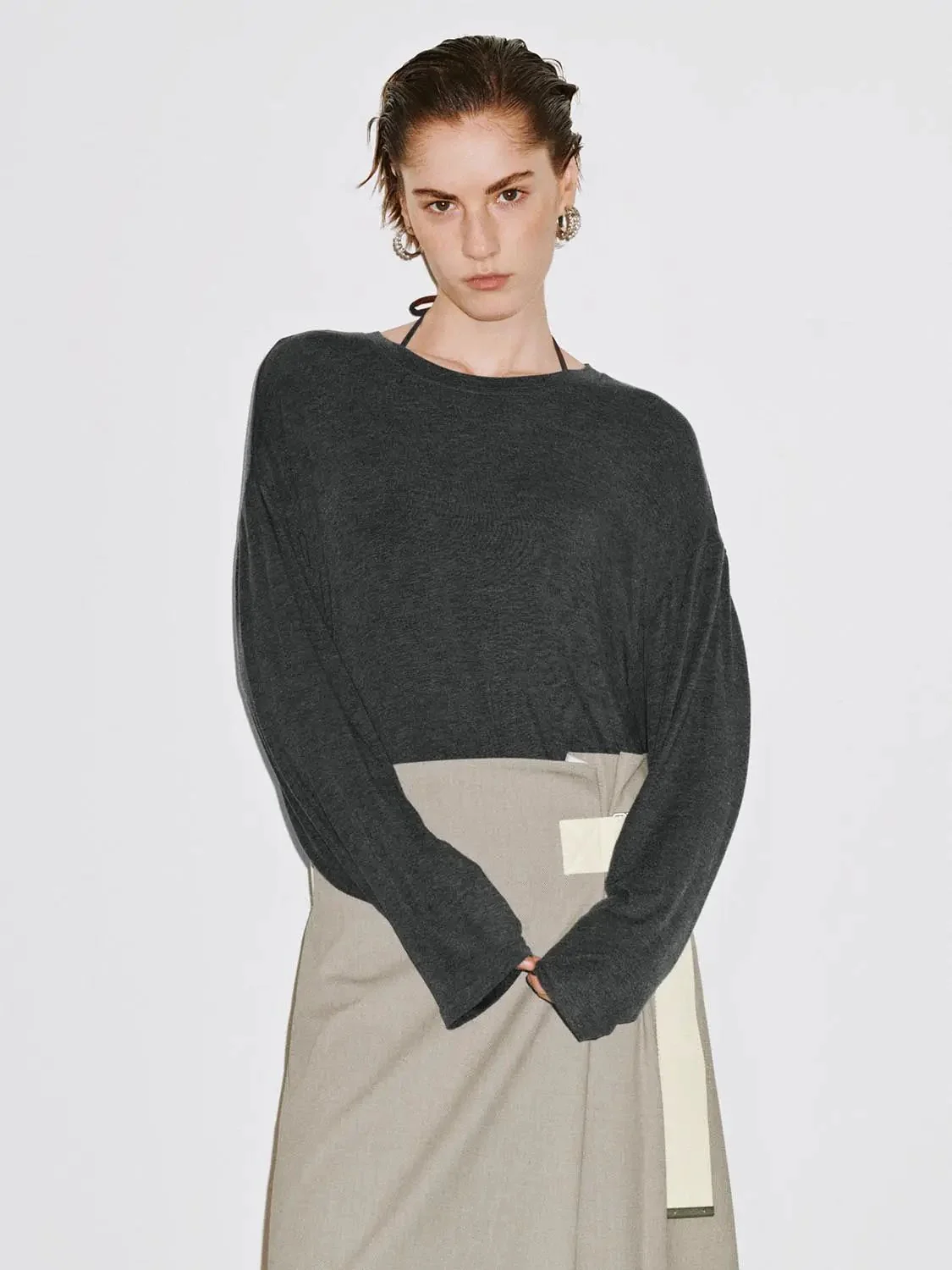 Cashmere Wool Blend Relaxed Knit Long Sleeve T Shirts