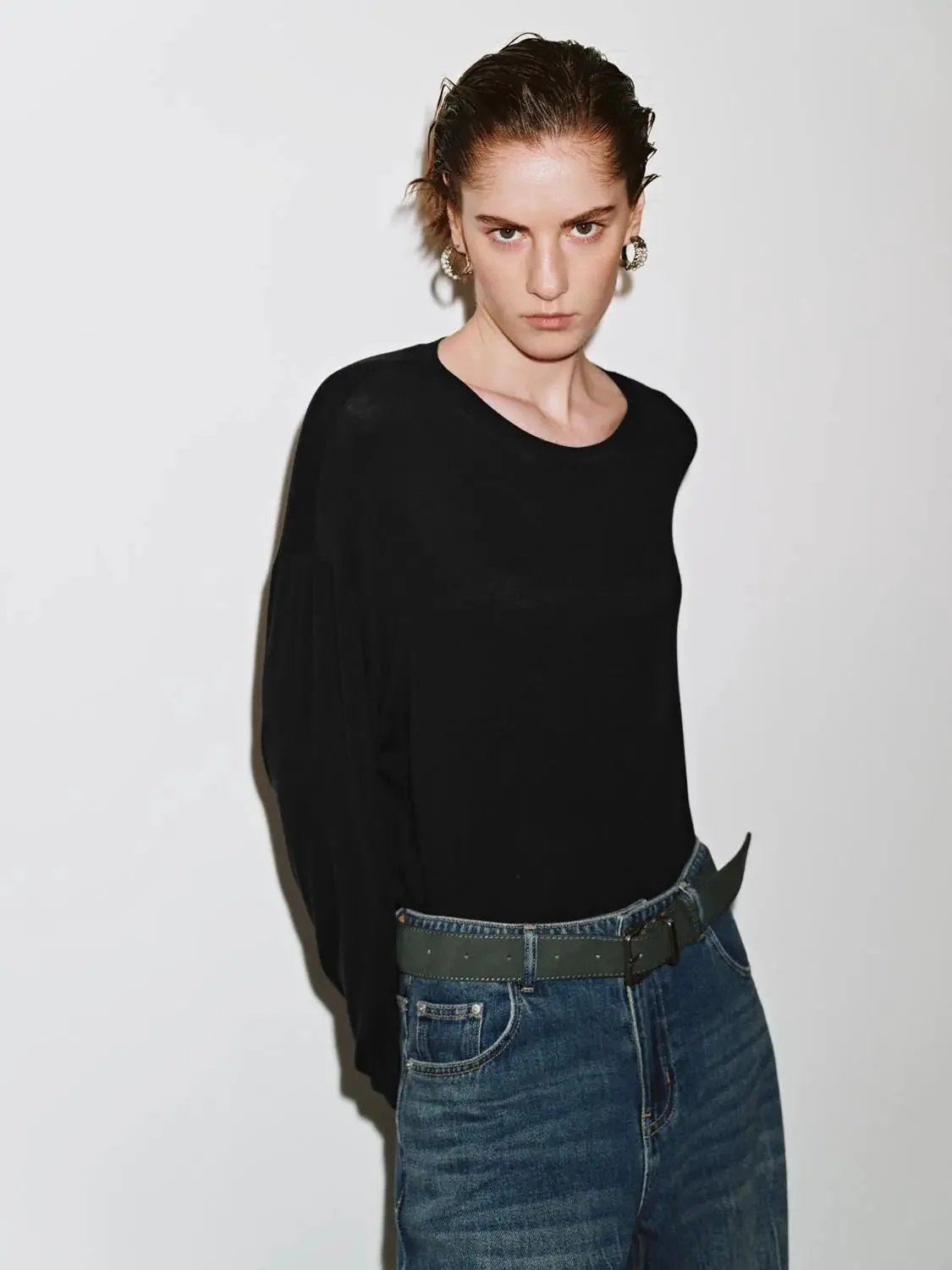 Cashmere Wool Blend Relaxed Knit Long Sleeve T Shirts