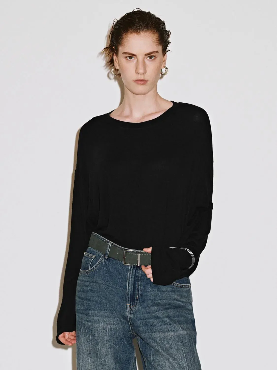 Cashmere Wool Blend Relaxed Knit Long Sleeve T Shirts