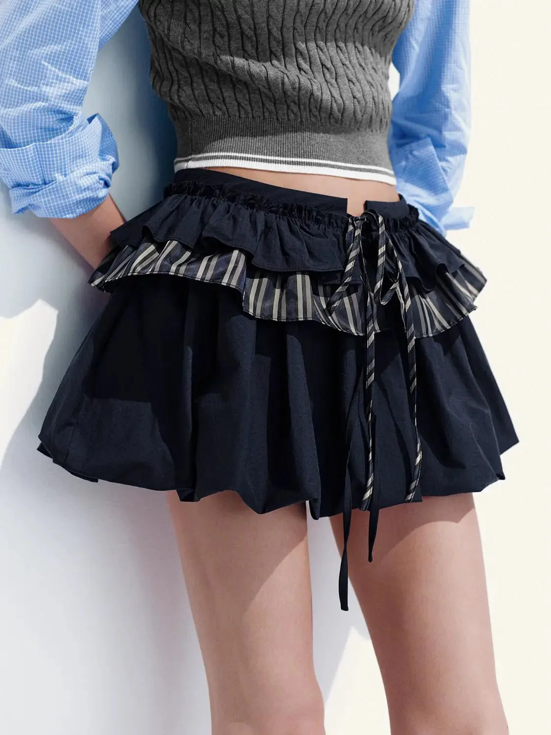 Patchwork Tiered Drawstring A-Line Mini Skirts