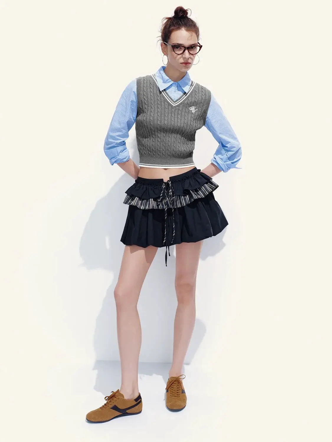 Patchwork Tiered Drawstring A-Line Mini Skirts