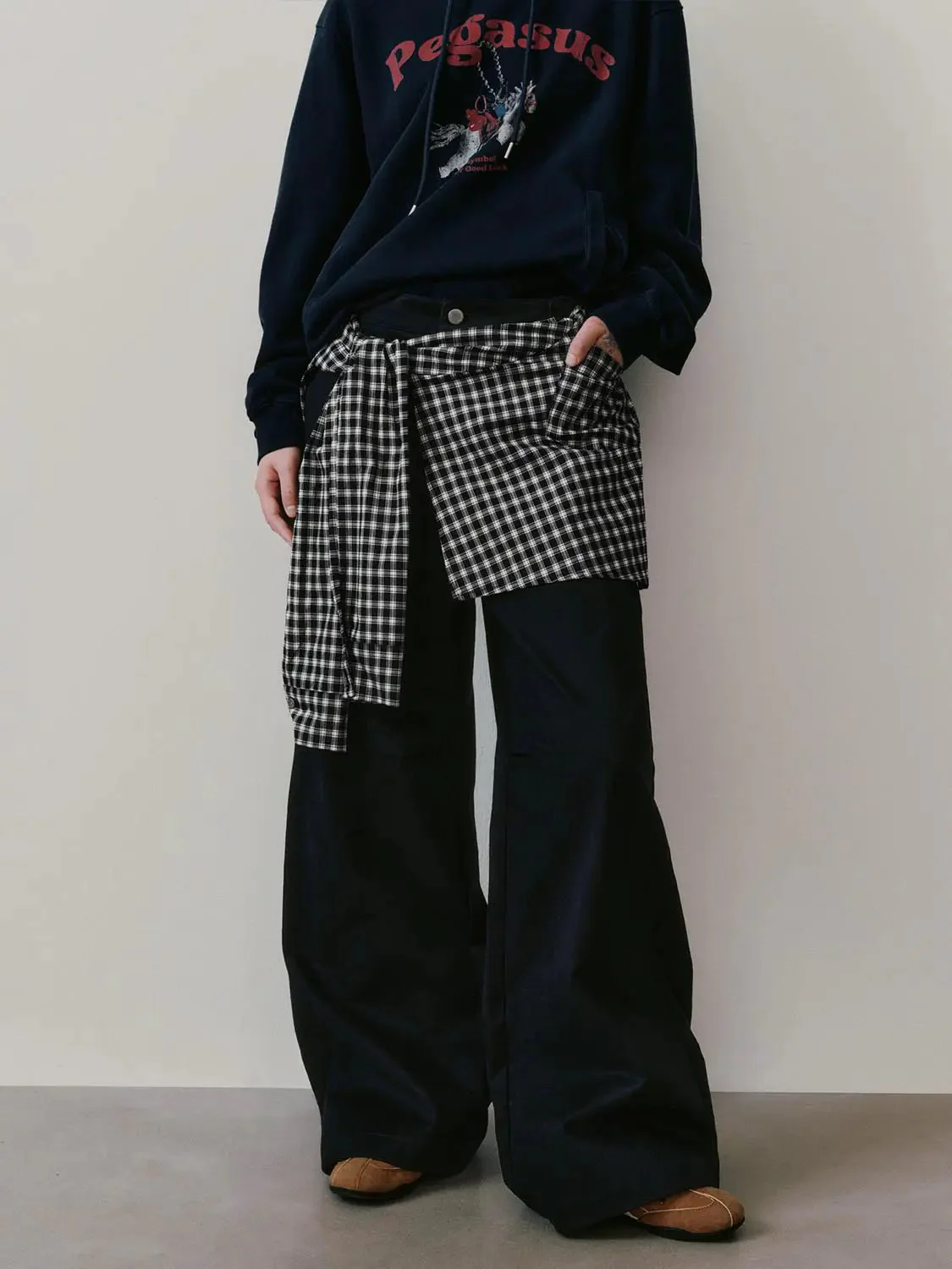 Cotton Check Overlay Detail Straight Leg Pants