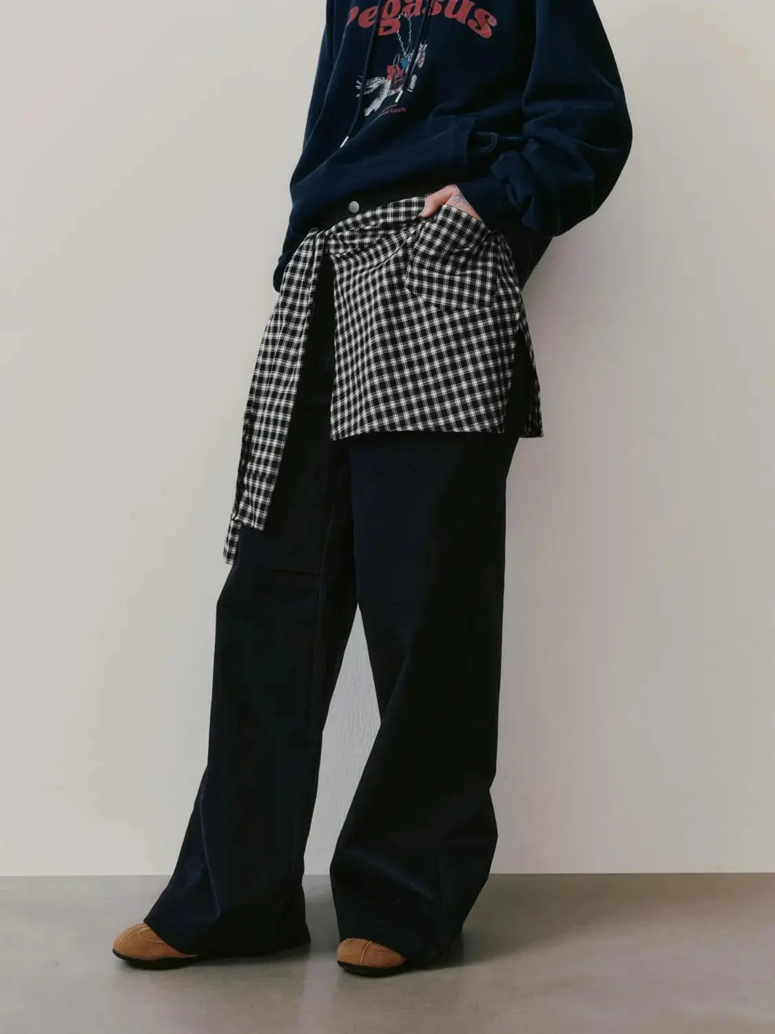 Cotton Check Overlay Detail Straight Leg Pants
