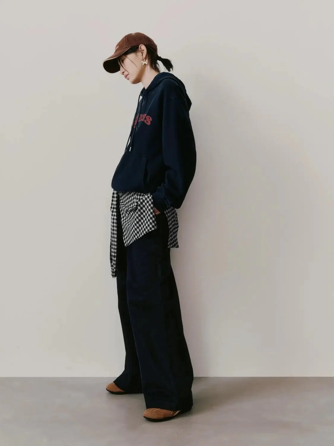 Cotton Check Overlay Detail Straight Leg Pants