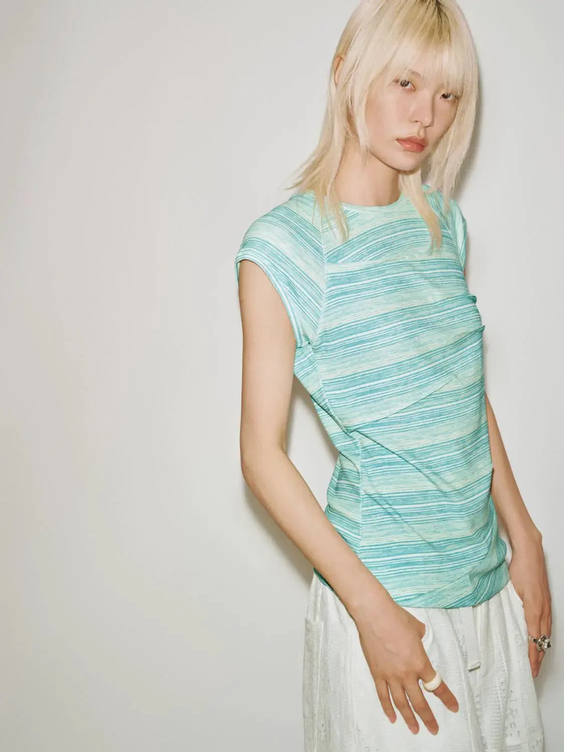 Capped Sleeve Contrast Striped Viscose Blend T-Shirts
