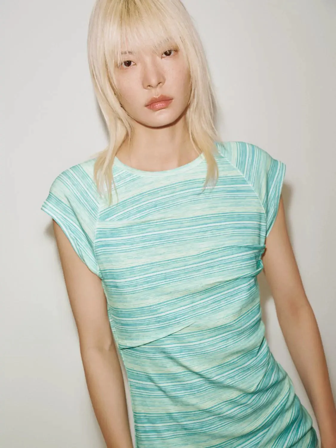 Capped Sleeve Contrast Striped Viscose Blend T-Shirts