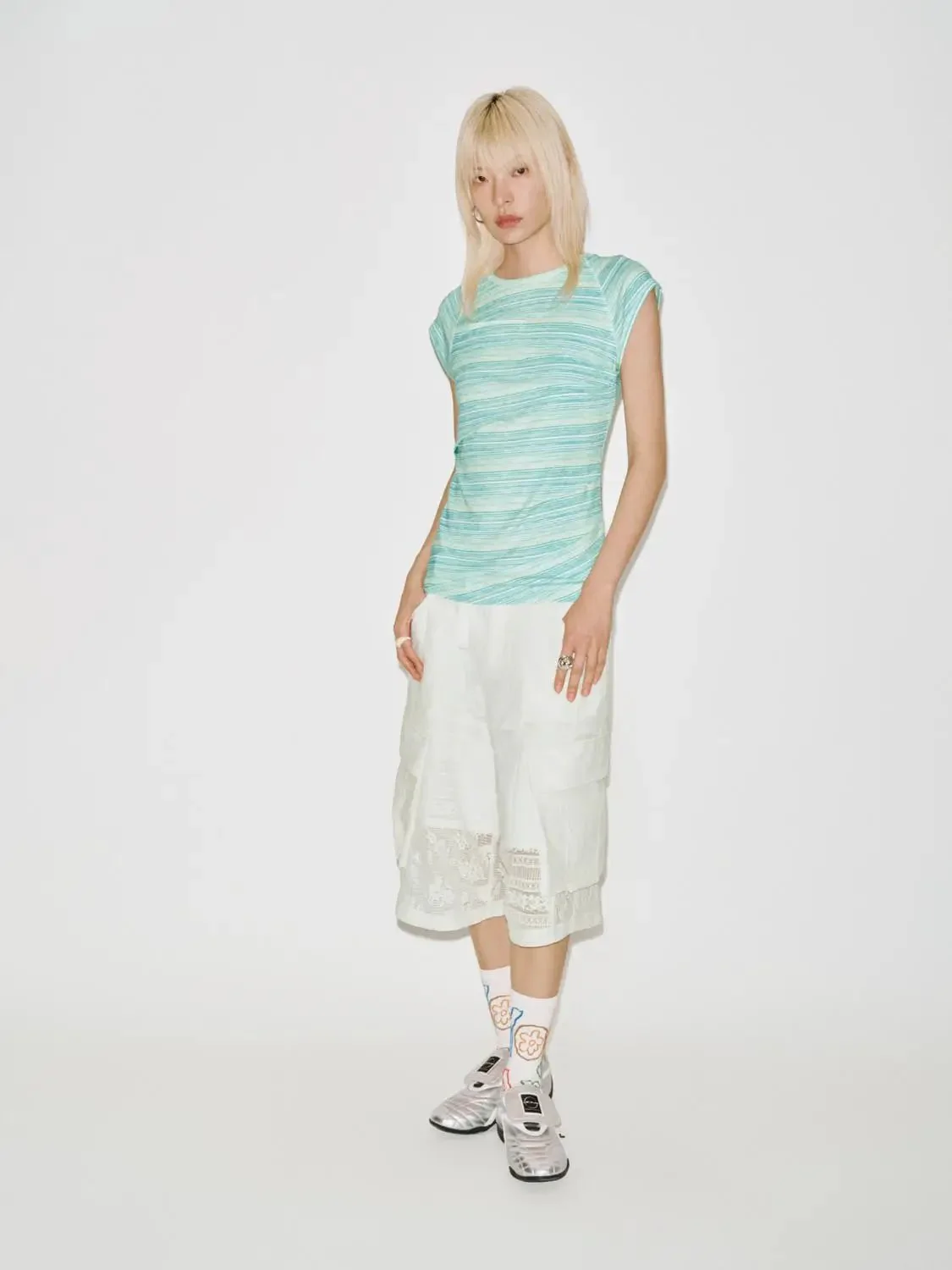 Capped Sleeve Contrast Striped Viscose Blend T-Shirts