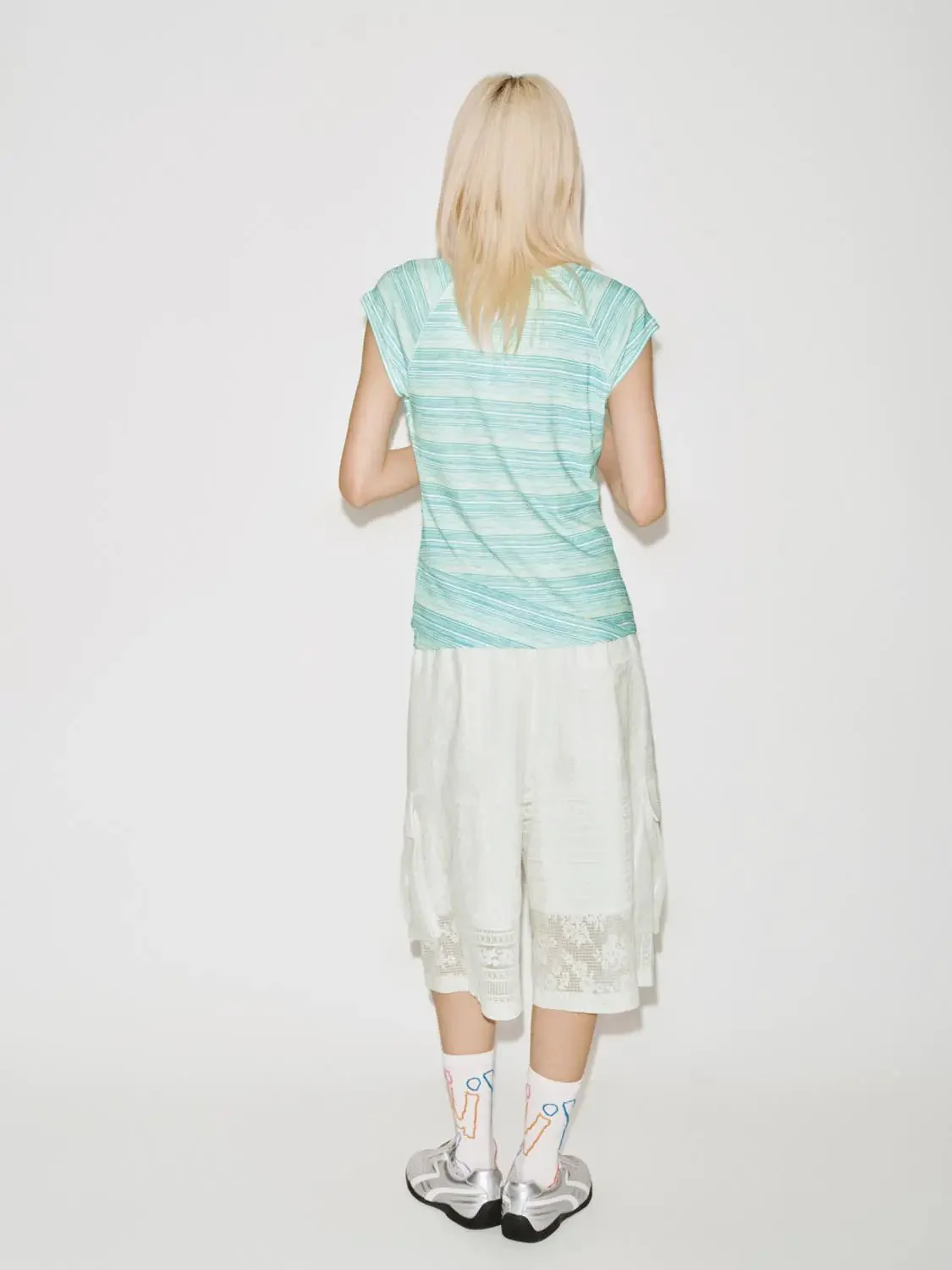 Capped Sleeve Contrast Striped Viscose Blend T-Shirts
