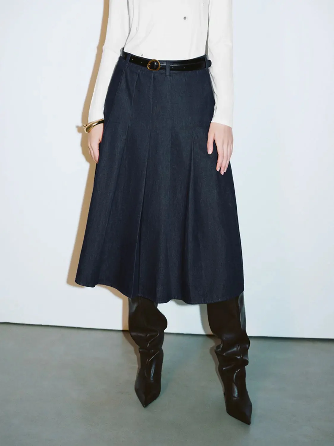 2504-elegant-cotton-denim-maxi-pleated-belted-skirt-1.webp Elegant Cotton Denim Maxi Pleated Belted Skirt