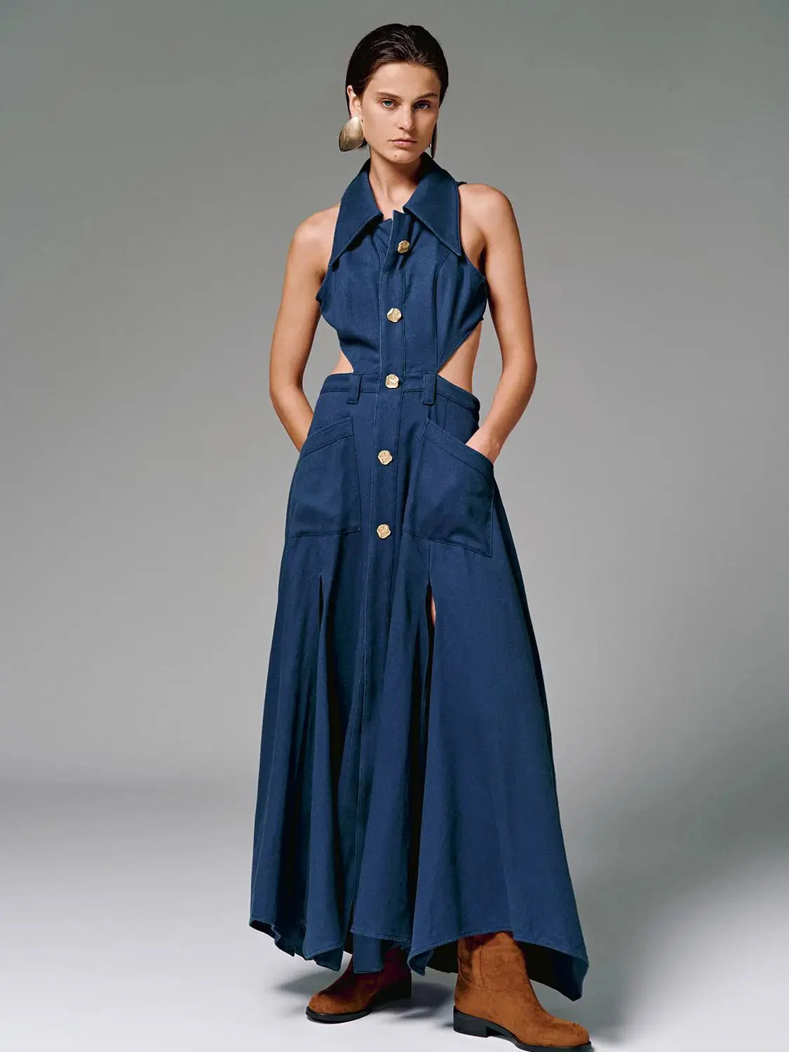 Cotton Cutout Sleeveless Navy Maxi Dress