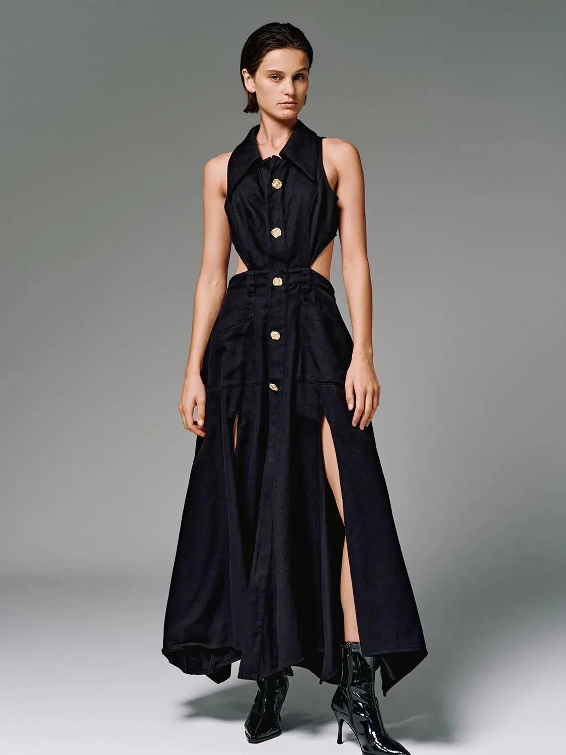 Cotton Cutout Sleeveless Navy Maxi Dress