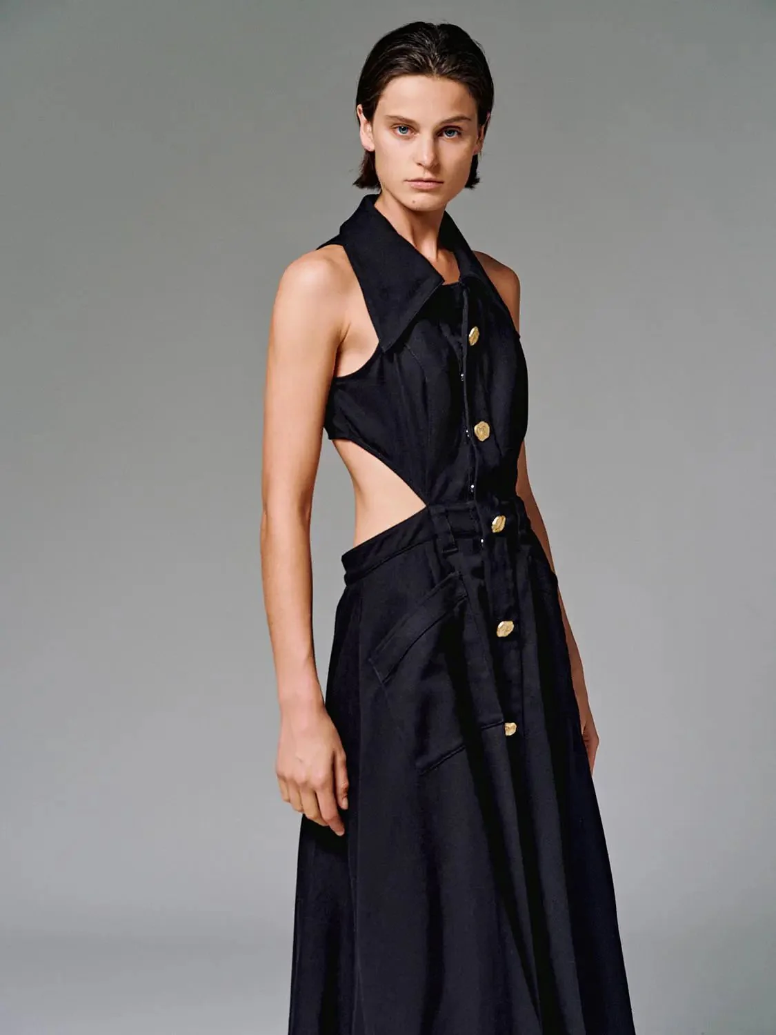 Cotton Cutout Sleeveless Navy Maxi Dress