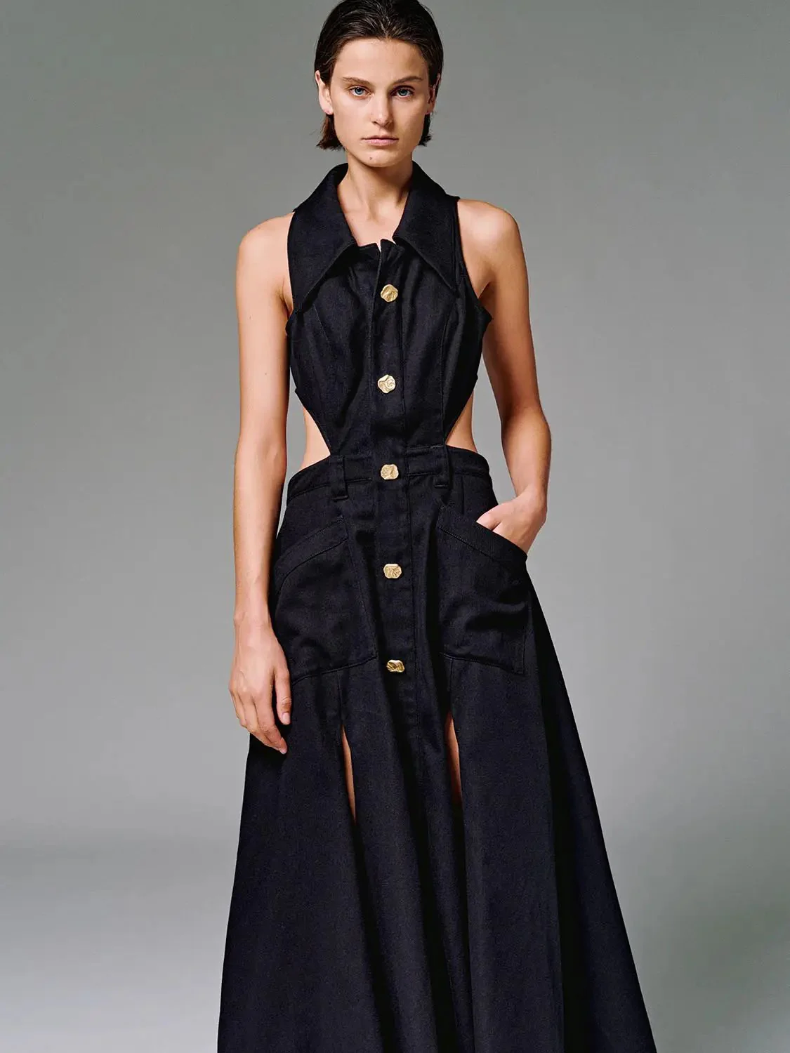 Cotton Cutout Sleeveless Navy Maxi Dress